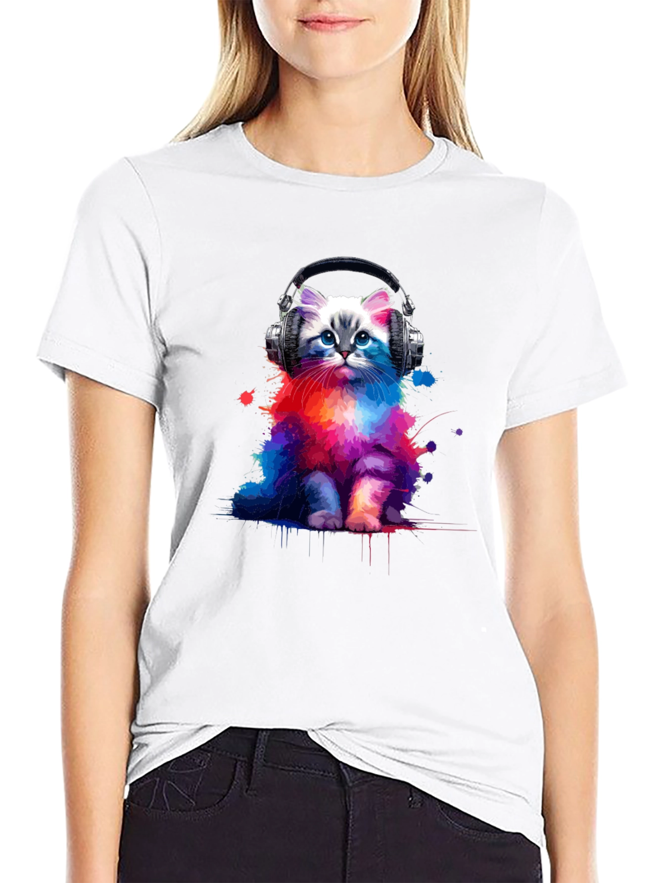 Black Colorful Cat Headphones Graphic Tee view 9