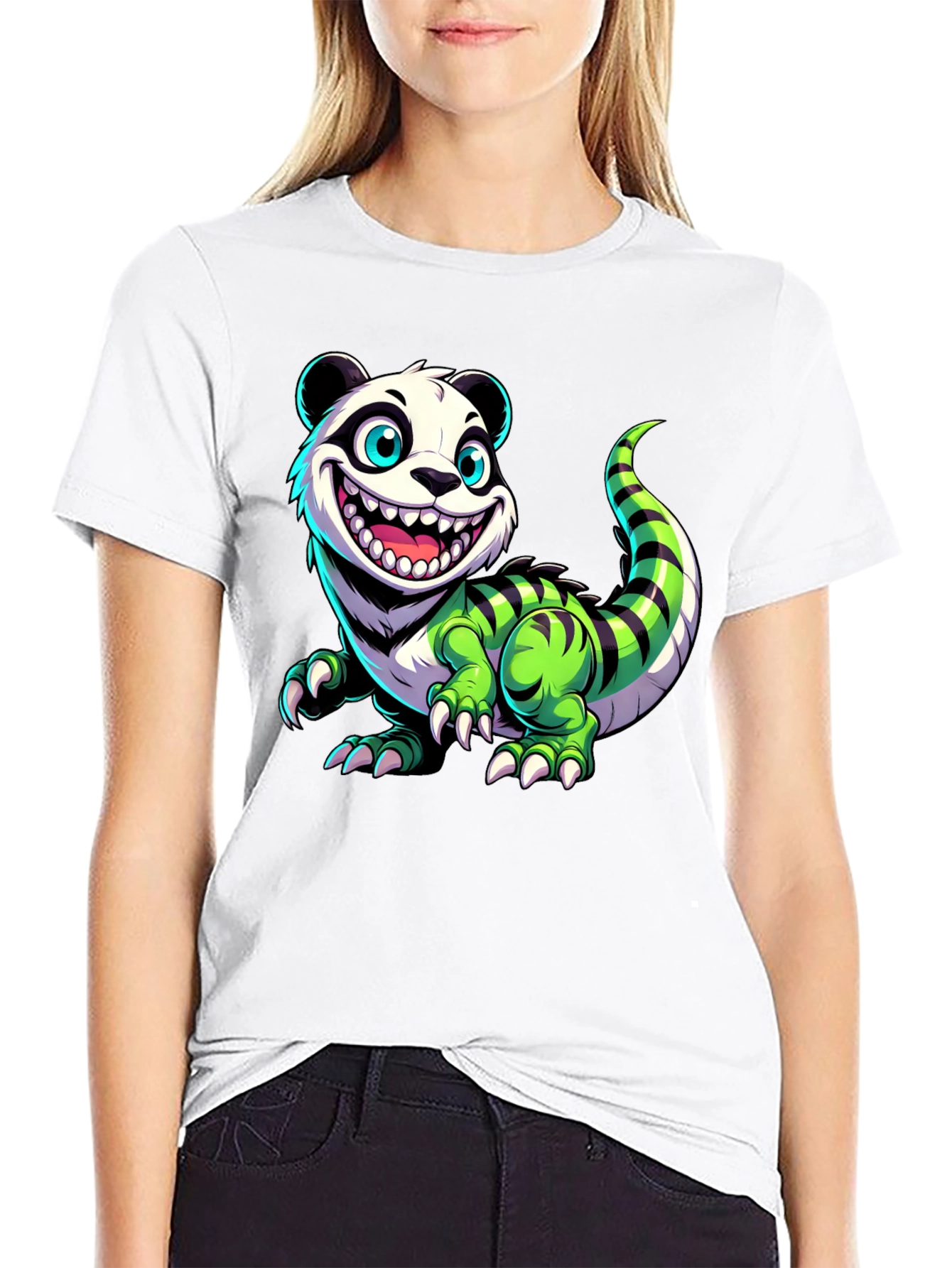 Black Cartoon Panda Lizard Graphic Tee - Unique & Fun Design! view 9