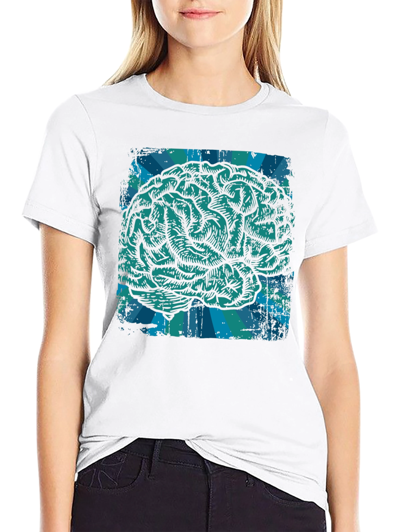 Black Brain Graphic T-Shirt - Teal Illustration on Black Cotton Tee view 9