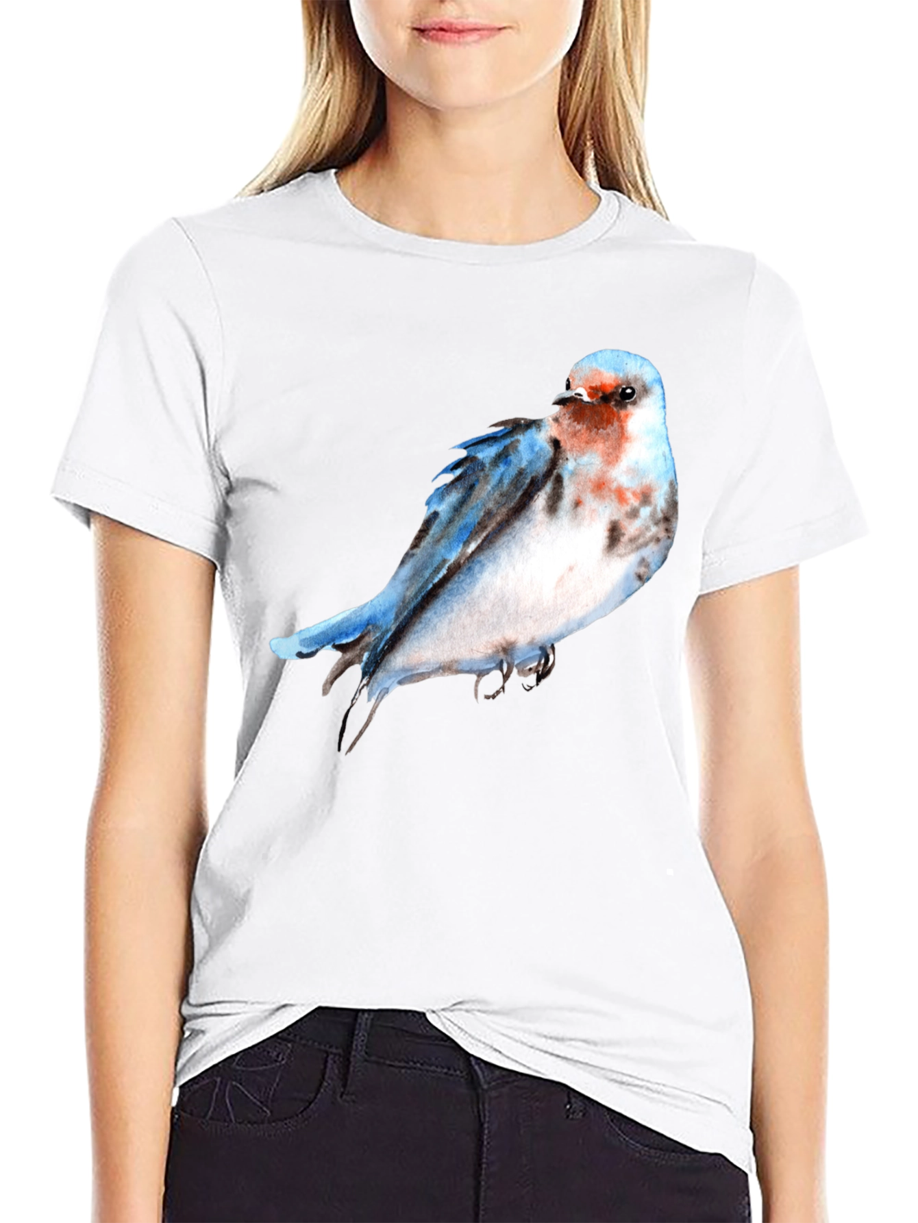 Black Watercolor Bird Print Black T-Shirt view 9