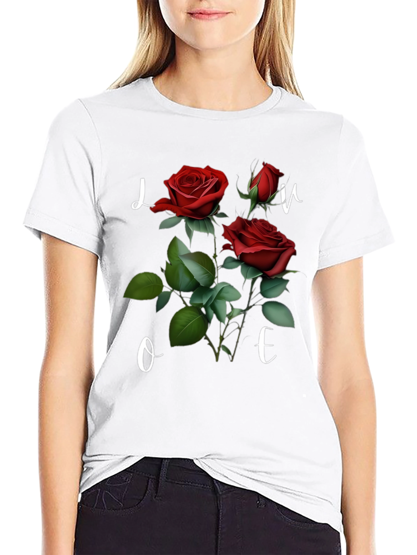 Black Floral Love T-Shirt - Romantic Red Roses view 9