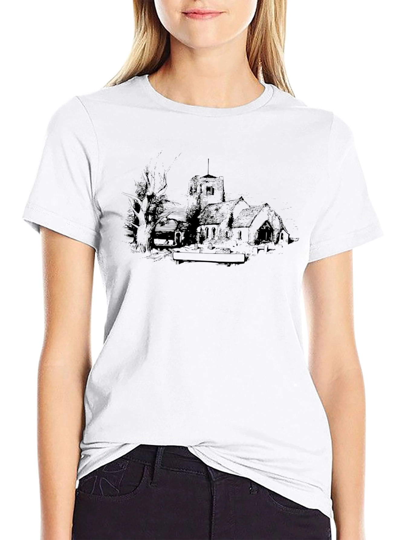 Black Vintage Church Sketch Graphic Tee - Black view 9