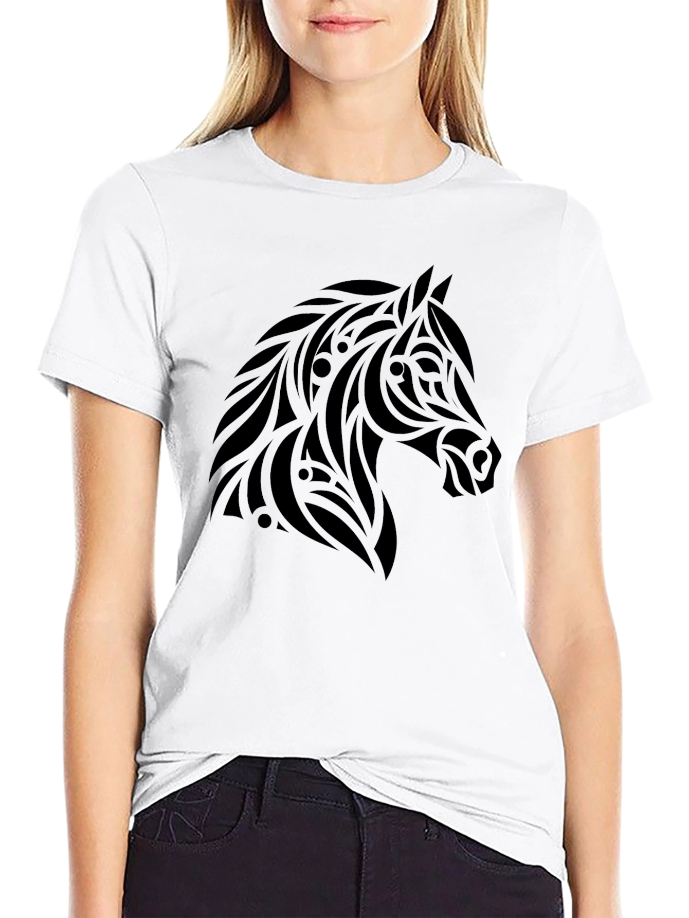 Black Tribal Horse Graphic Tee - Black Cotton Casual view 9