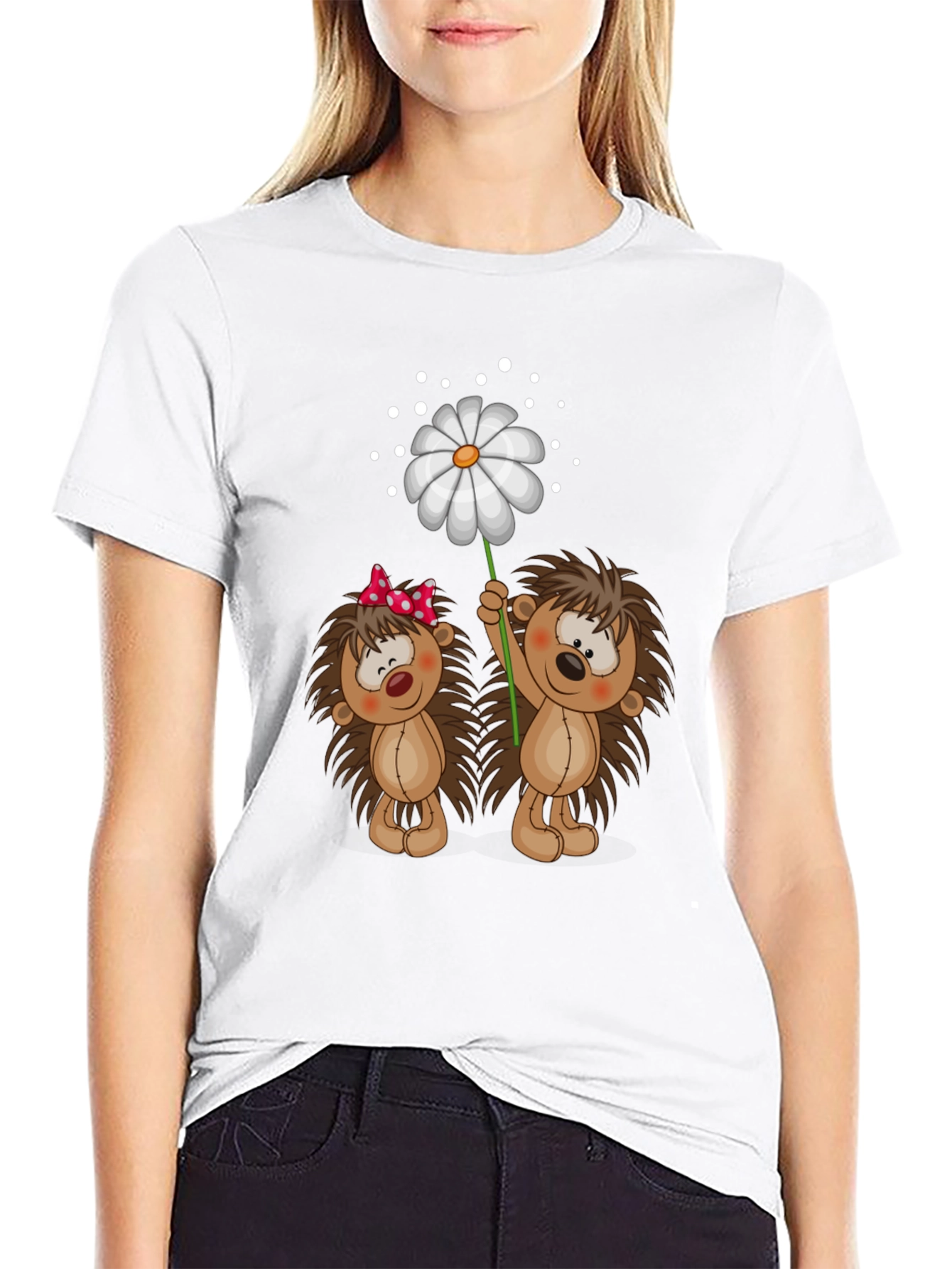 Black Cute Hedgehog & Daisy Graphic Black T-Shirt view 9