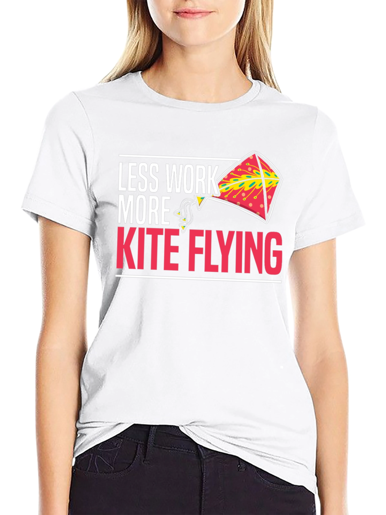 Black Less Work More Kite Flying Black Graphic Tee view 9