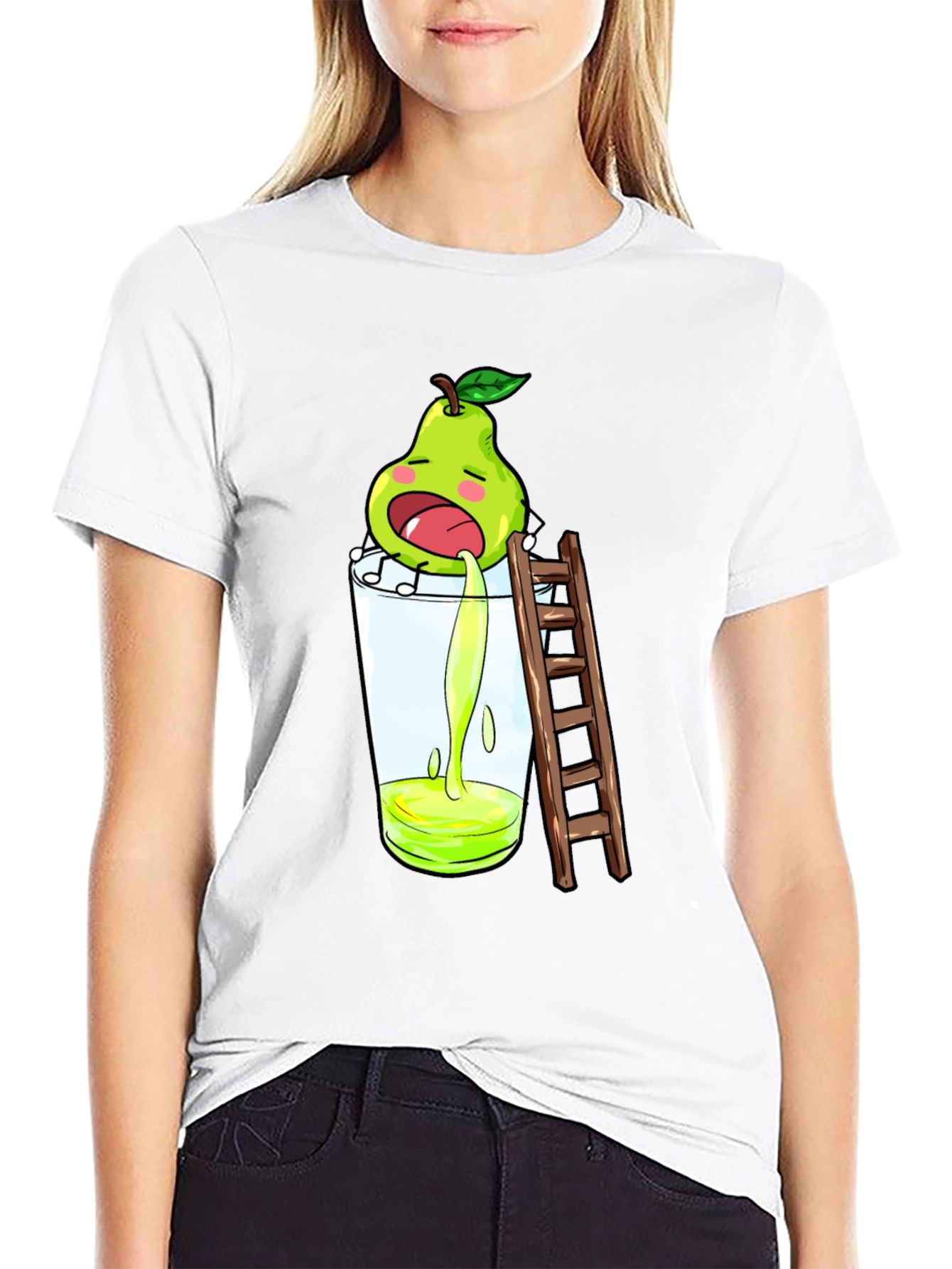 Black Funny Pear Juice Cartoon Black T-Shirt view 9