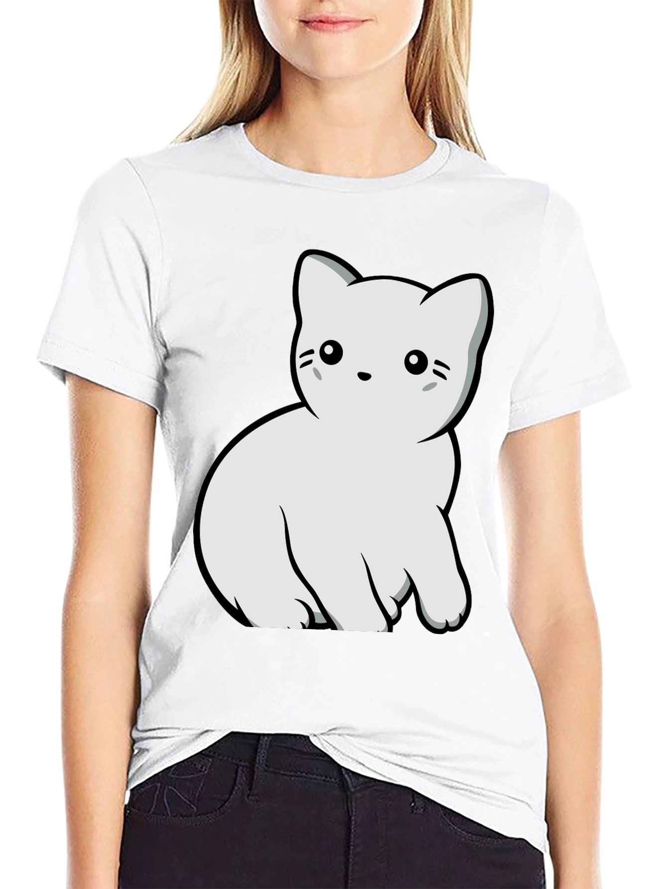 Black Cute Cat Graphic T-Shirt - Black Cotton Blend Tee view 9