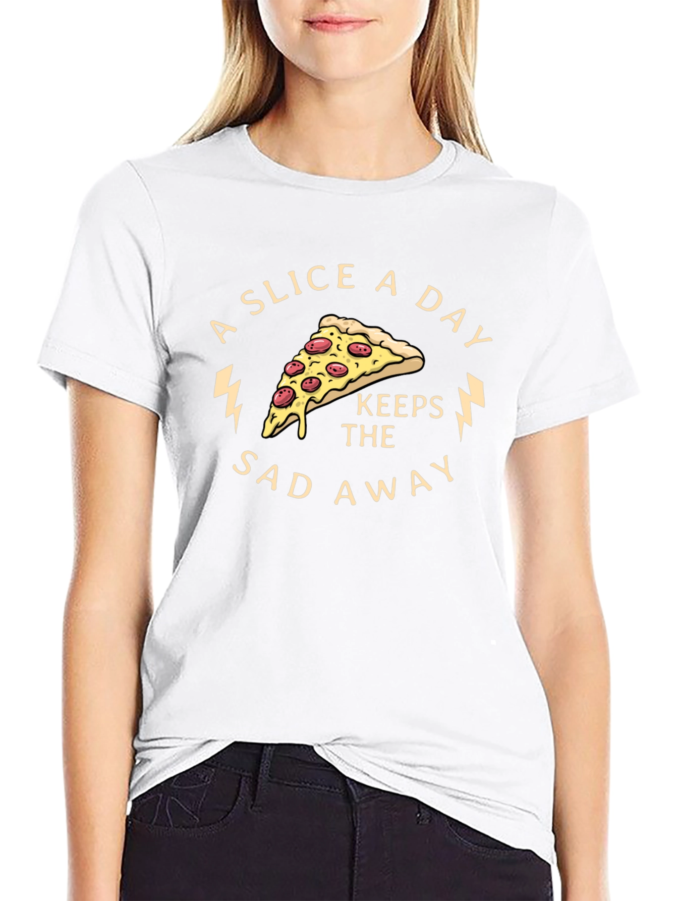 Black Pizza Slice Keeps the Sad Away Graphic Tee view 9
