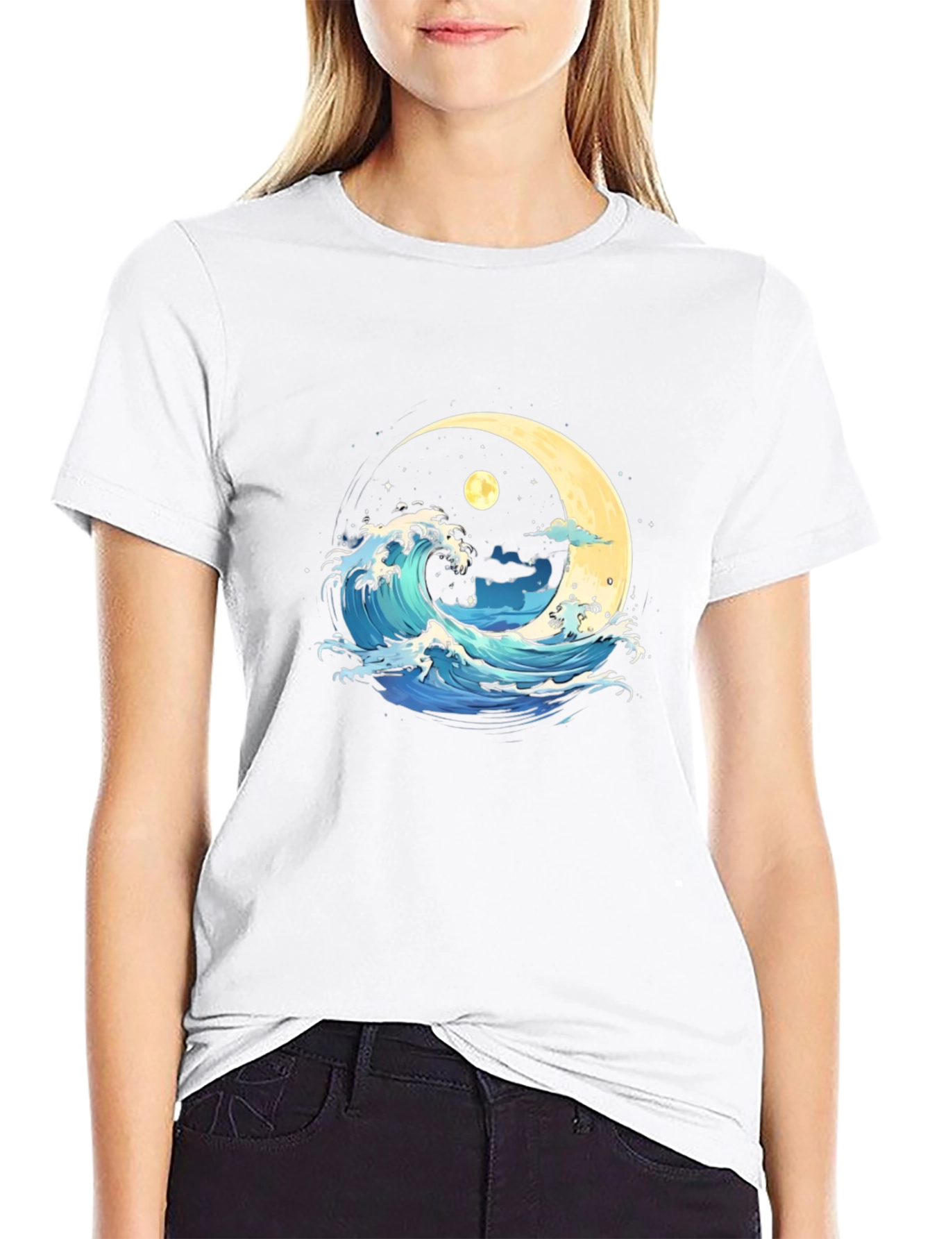 Black Ocean Wave Moon Graphic Black T-Shirt view 9
