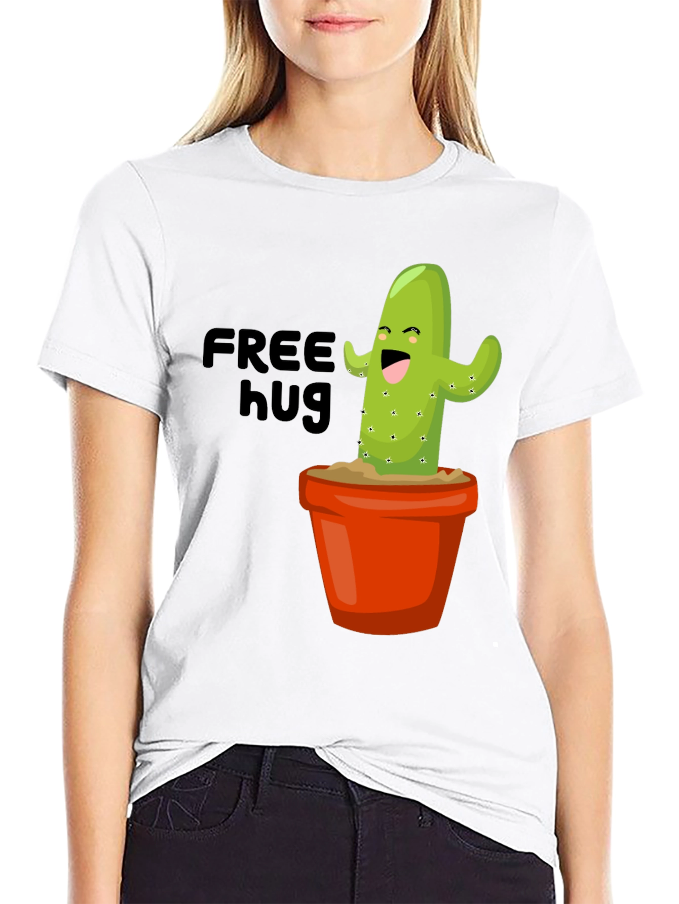 Black Funny Cactus T-Shirt - Free Hugs Graphic Tee view 9