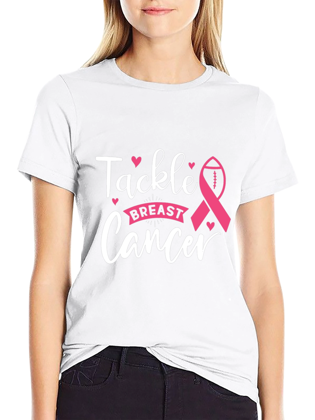 Black Tackle Breast Cancer T-Shirt, Awareness Ribbon Football Tee view 9