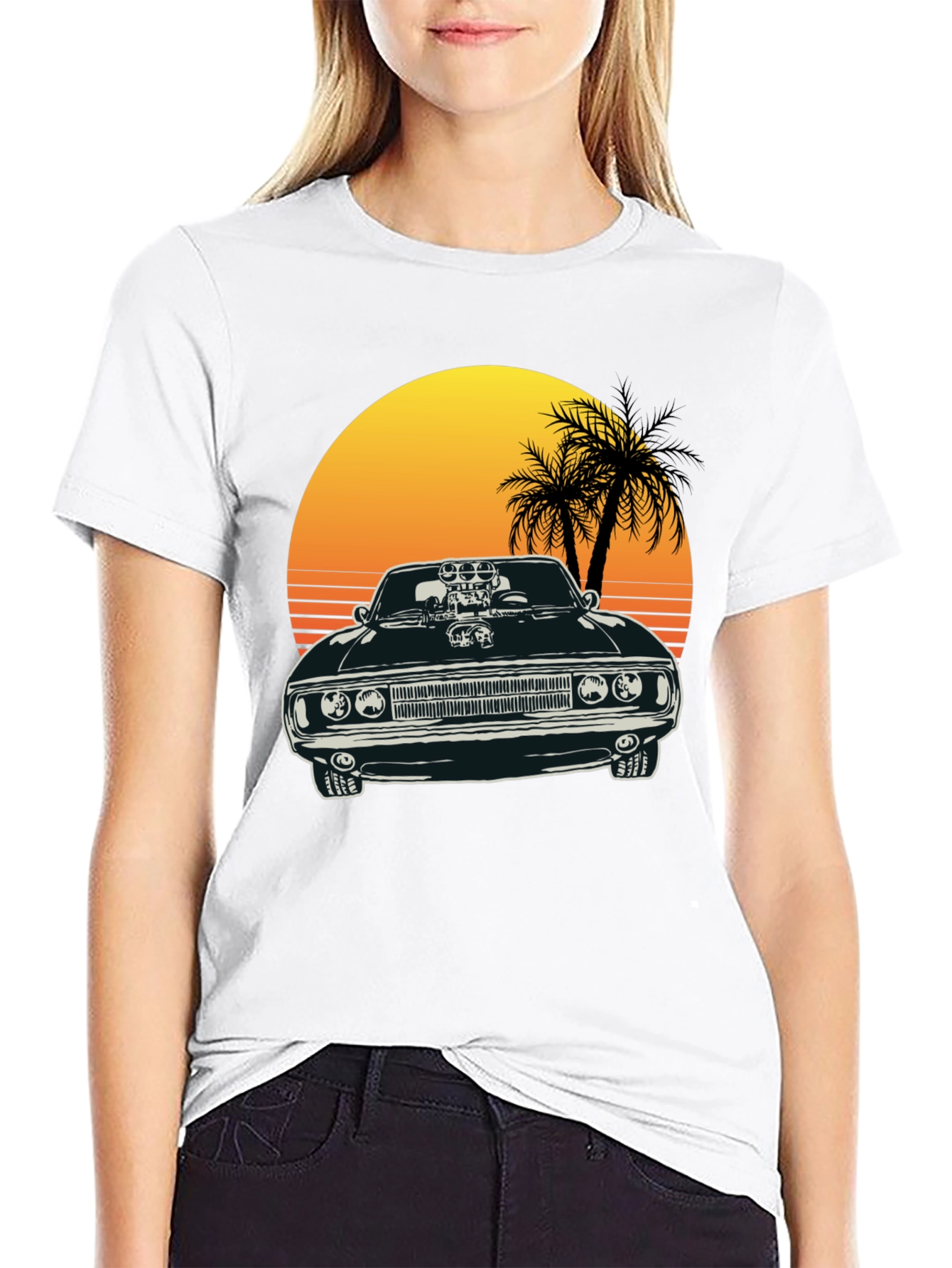 Black Muscle Car Sunset T-Shirt view 9
