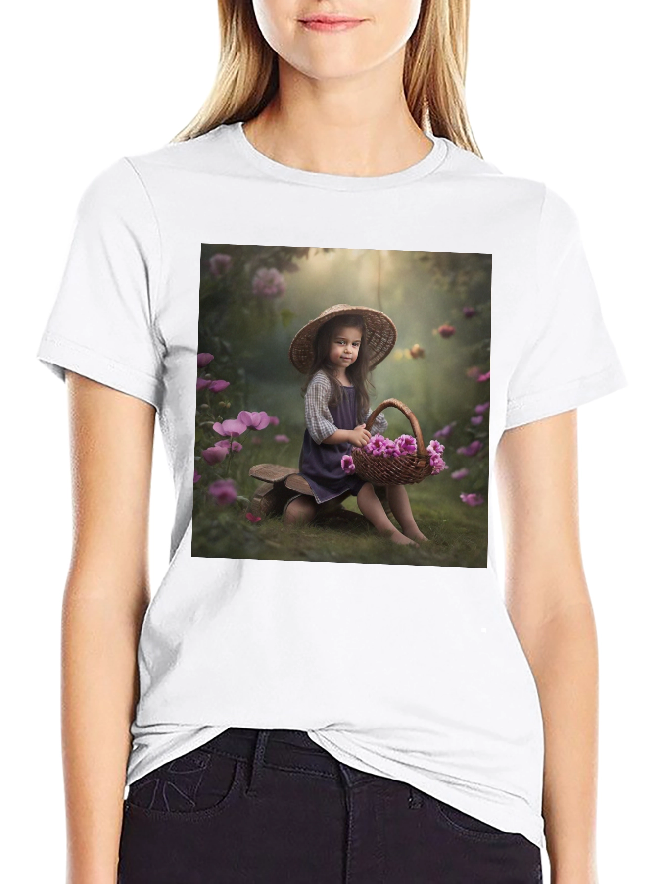 Black Charming Girl with Flowers T-Shirt view 9