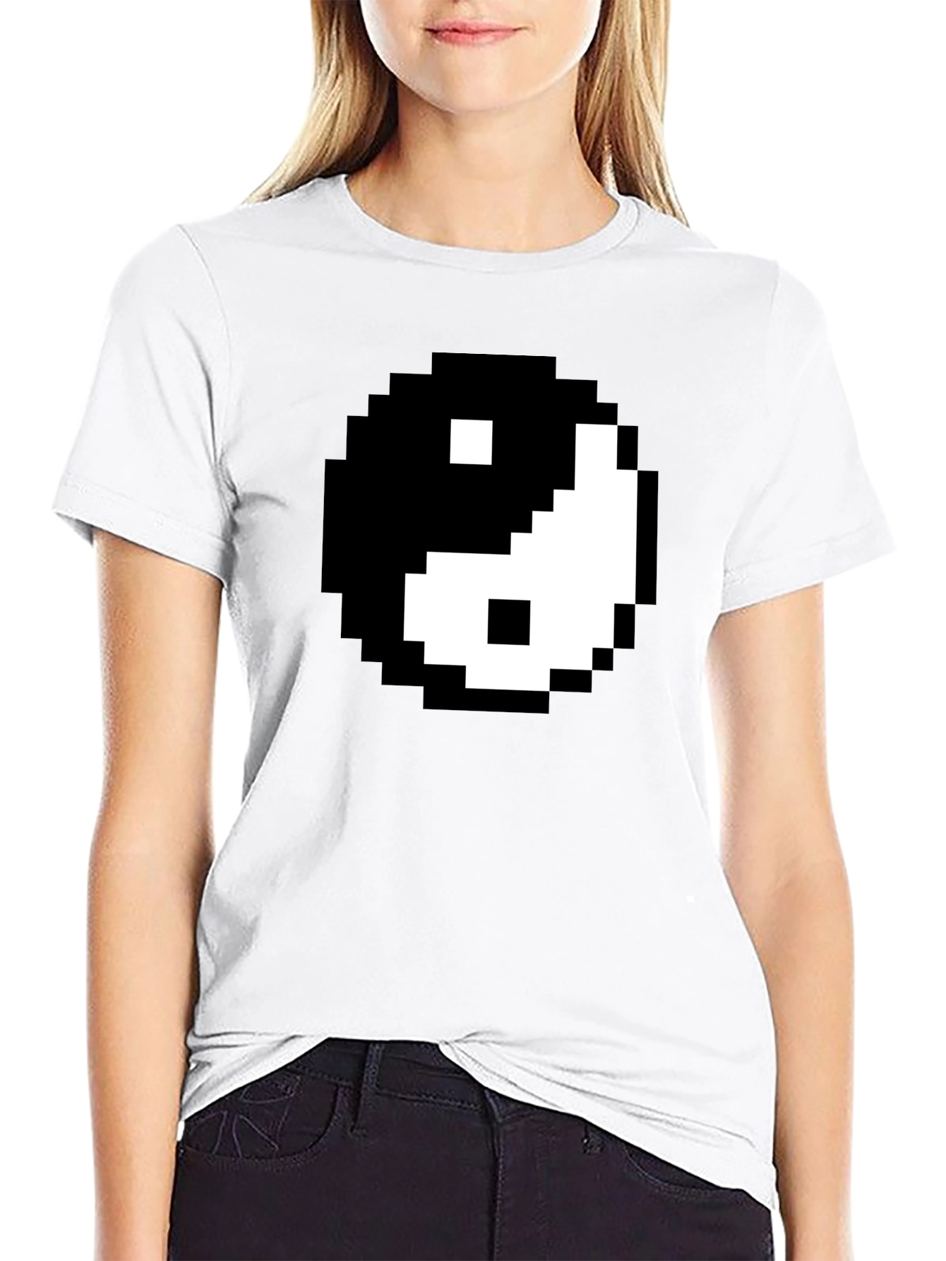 Black Pixel Yin Yang Graphic Tee - Black Cotton Blend Shirt view 9