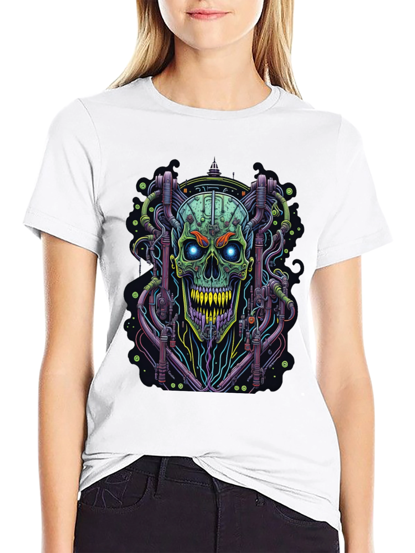Black Cyberpunk Skull Graphic Tee - Edgy Design view 9