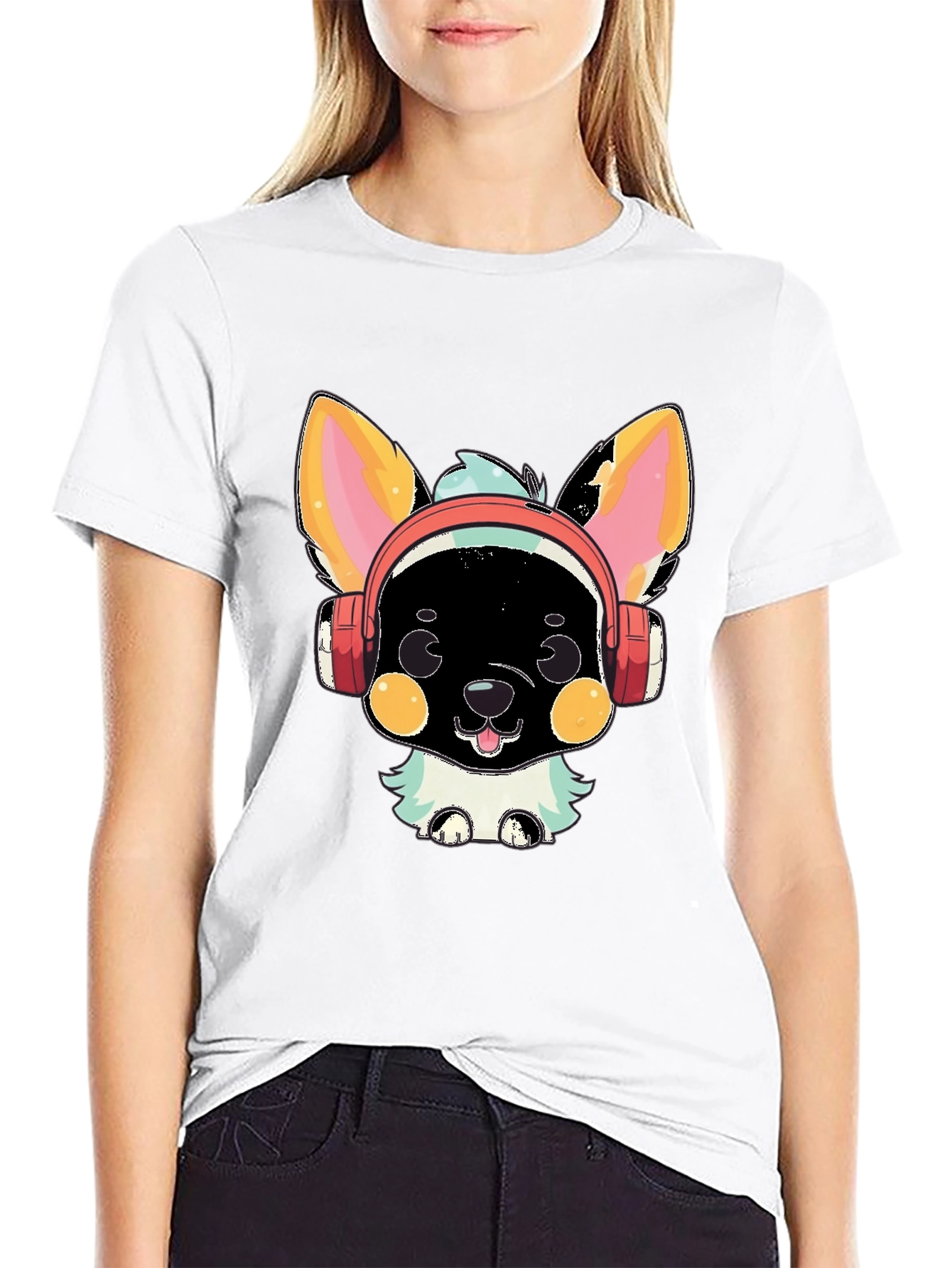 Black Cute Cartoon Animal with Headphones Graphic T-Shirt view 9