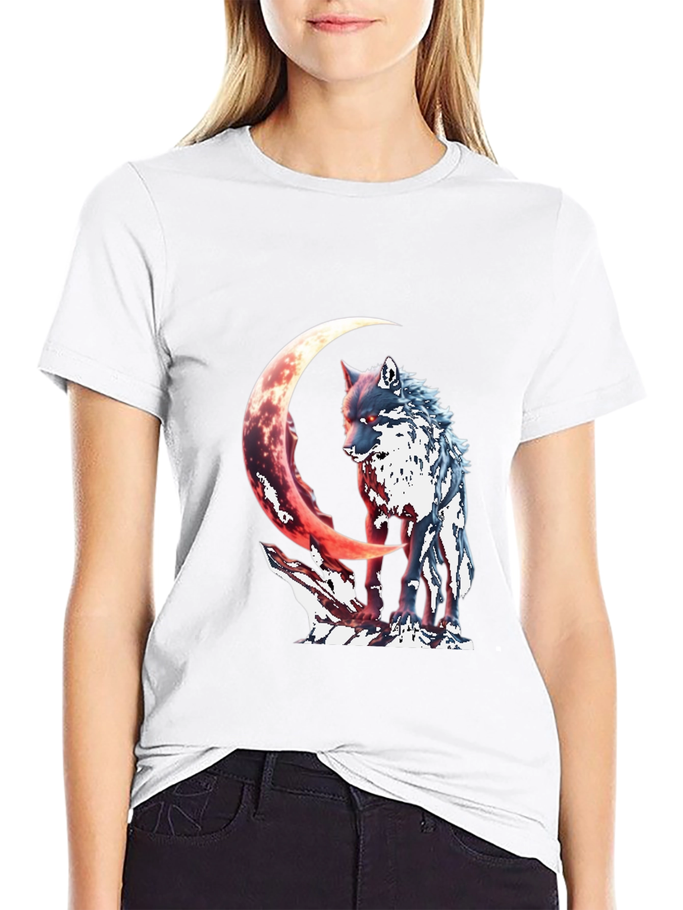 Black Wolf & Crescent Moon Graphic T-Shirt view 9