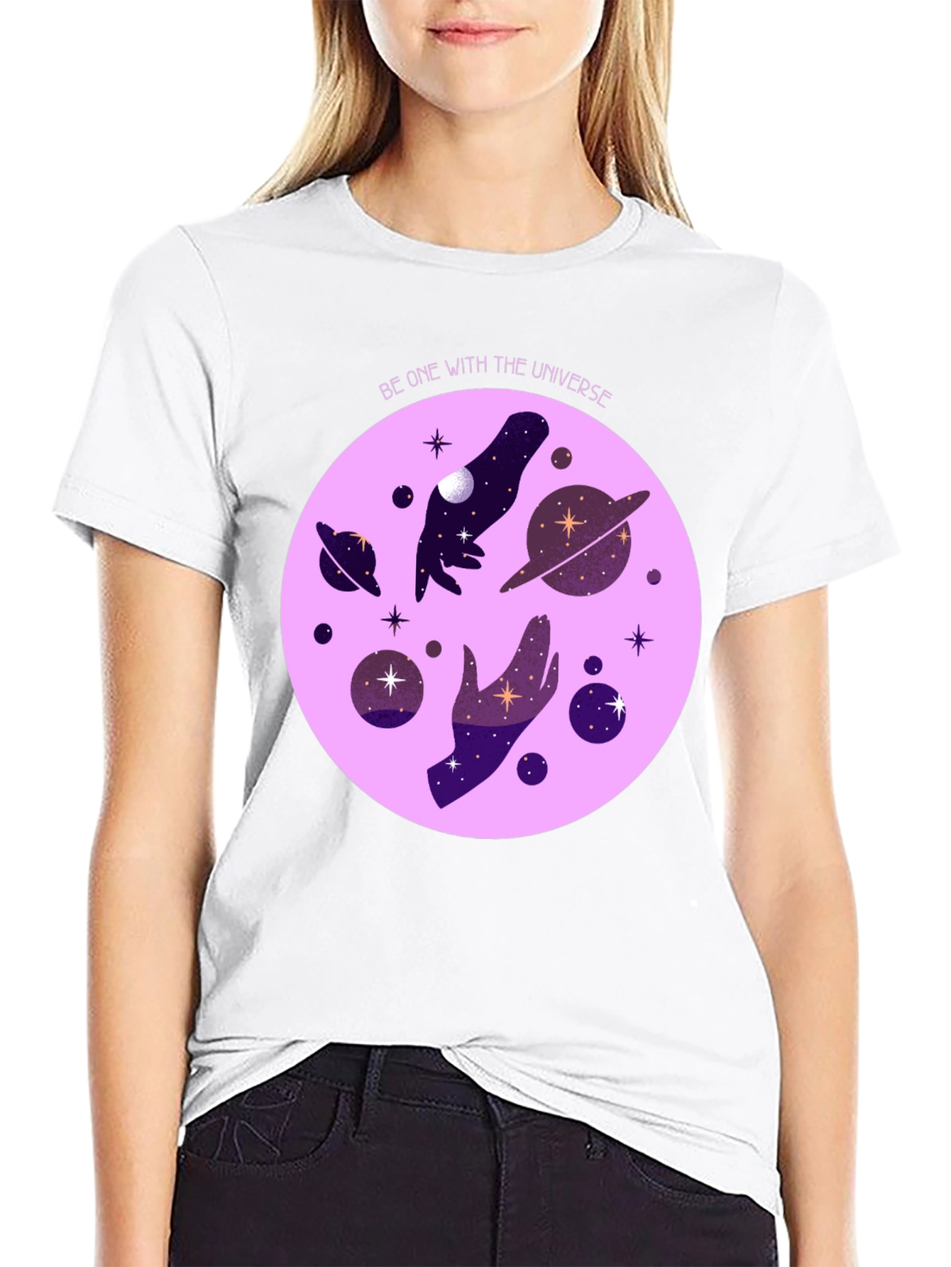 Black Cosmic Universe Graphic T-Shirt - Celestial Hands Design view 9