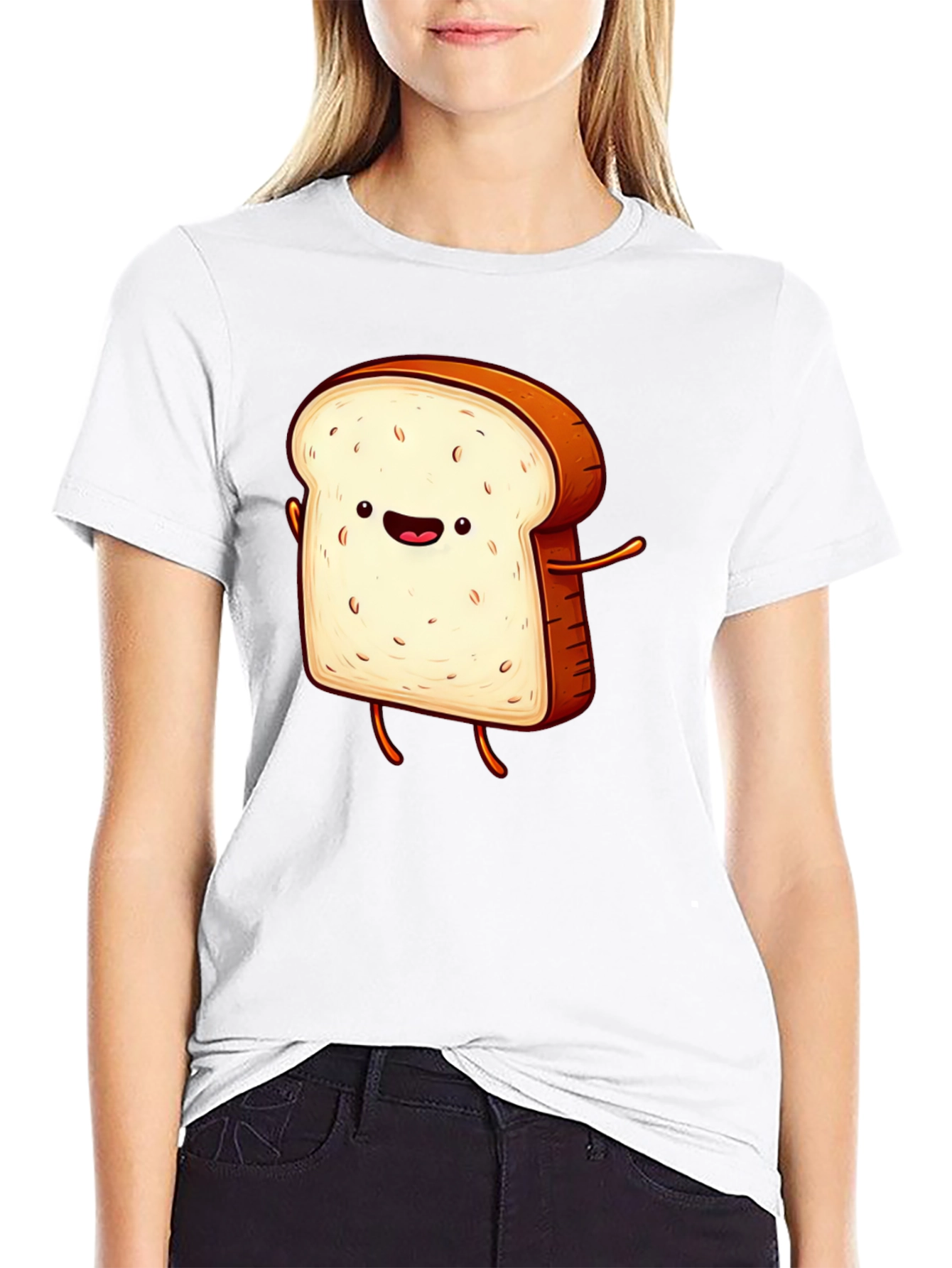 Black Funny Cartoon Toast Graphic Tee - Black T-Shirt view 9