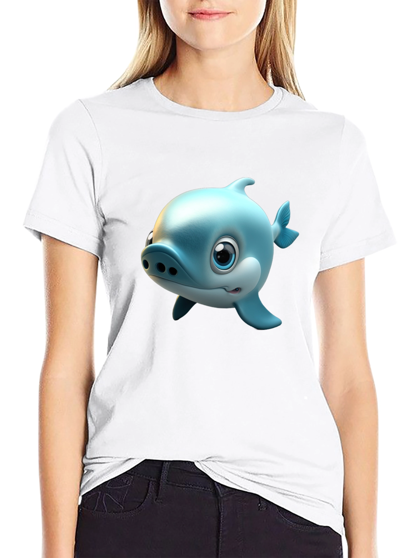 Black Cute Cartoon Shark Graphic Tee - Black Cotton Blend T-Shirt view 9