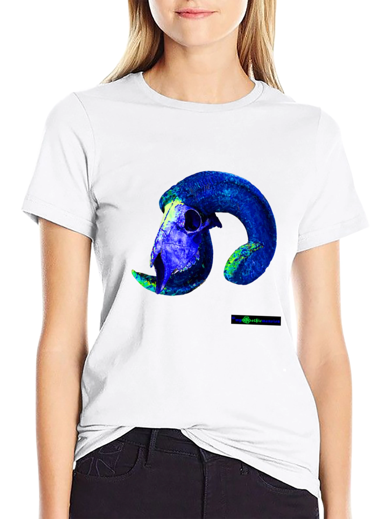 Black Ram Skull Graphic Tee - Bold Blue Design view 9