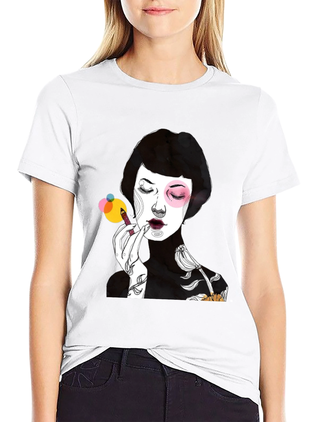 Black Graphic Print Black T-Shirt - Woman Applying Makeup view 9