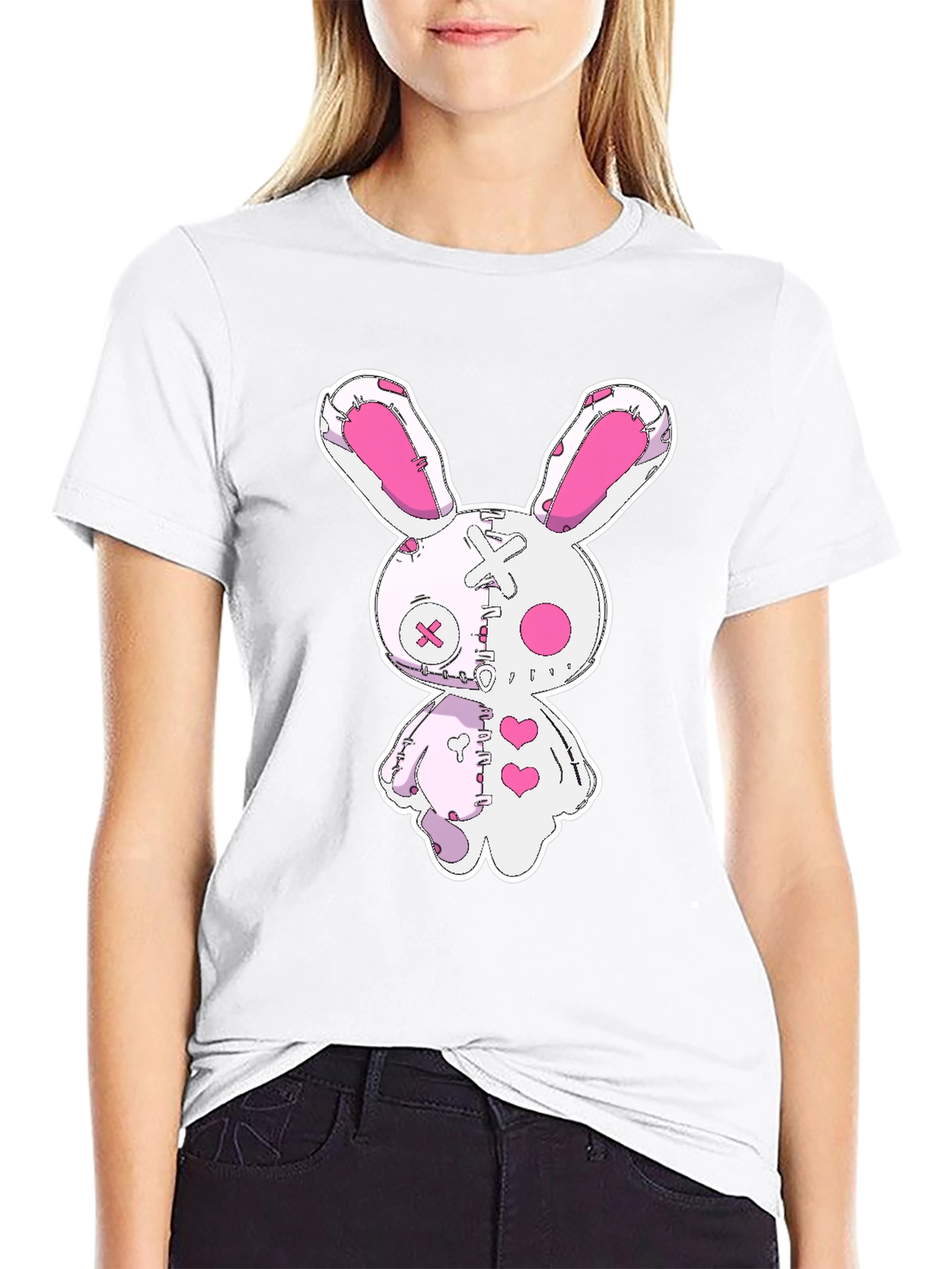 Black Creepy Cute Bunny Graphic Tee - Black Cotton view 9
