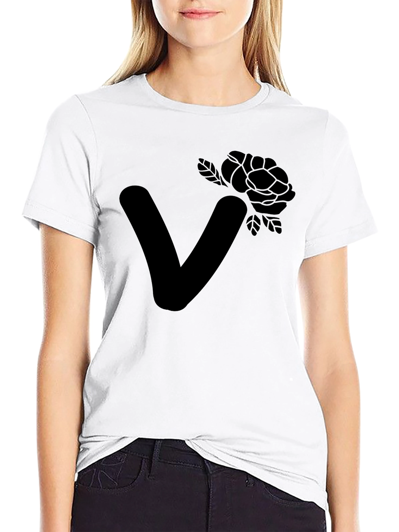 Black Stylish Black T-Shirt with Floral Letter V Design view 9