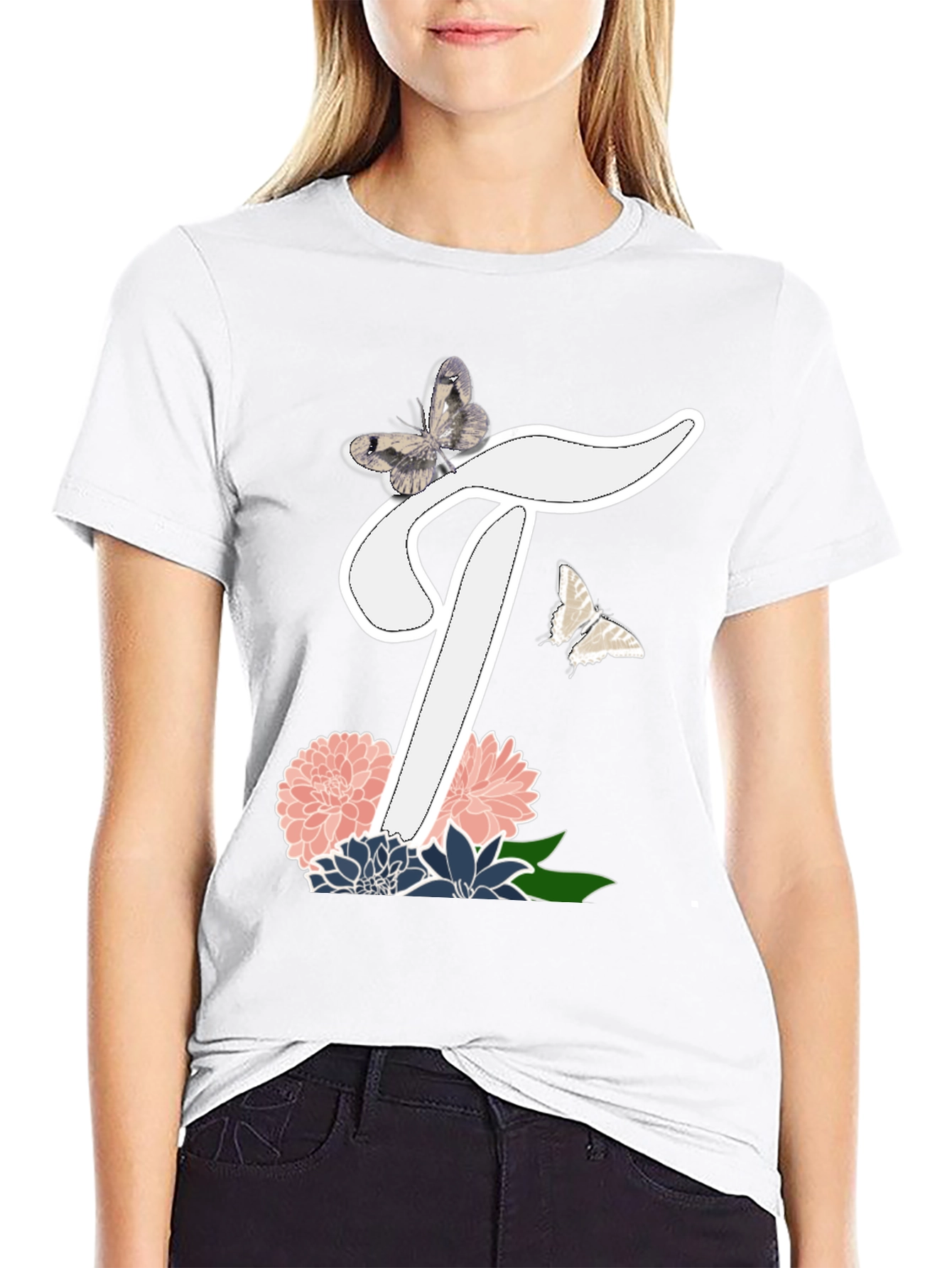 Black Butterfly Letter T Floral T-Shirt view 9