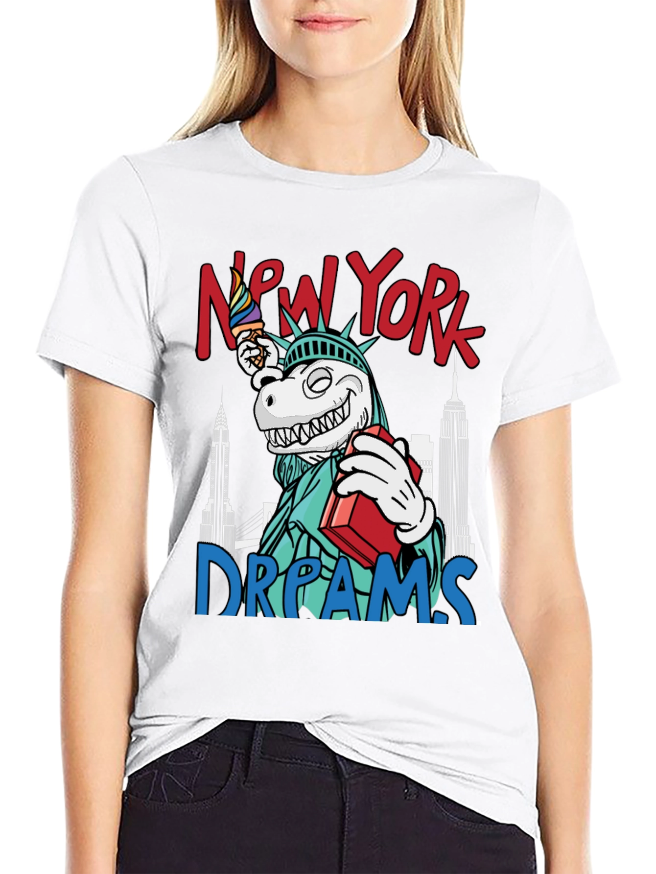 Black New York Dreams T-Shirt: Dinosaur Liberty Funny Tee view 9