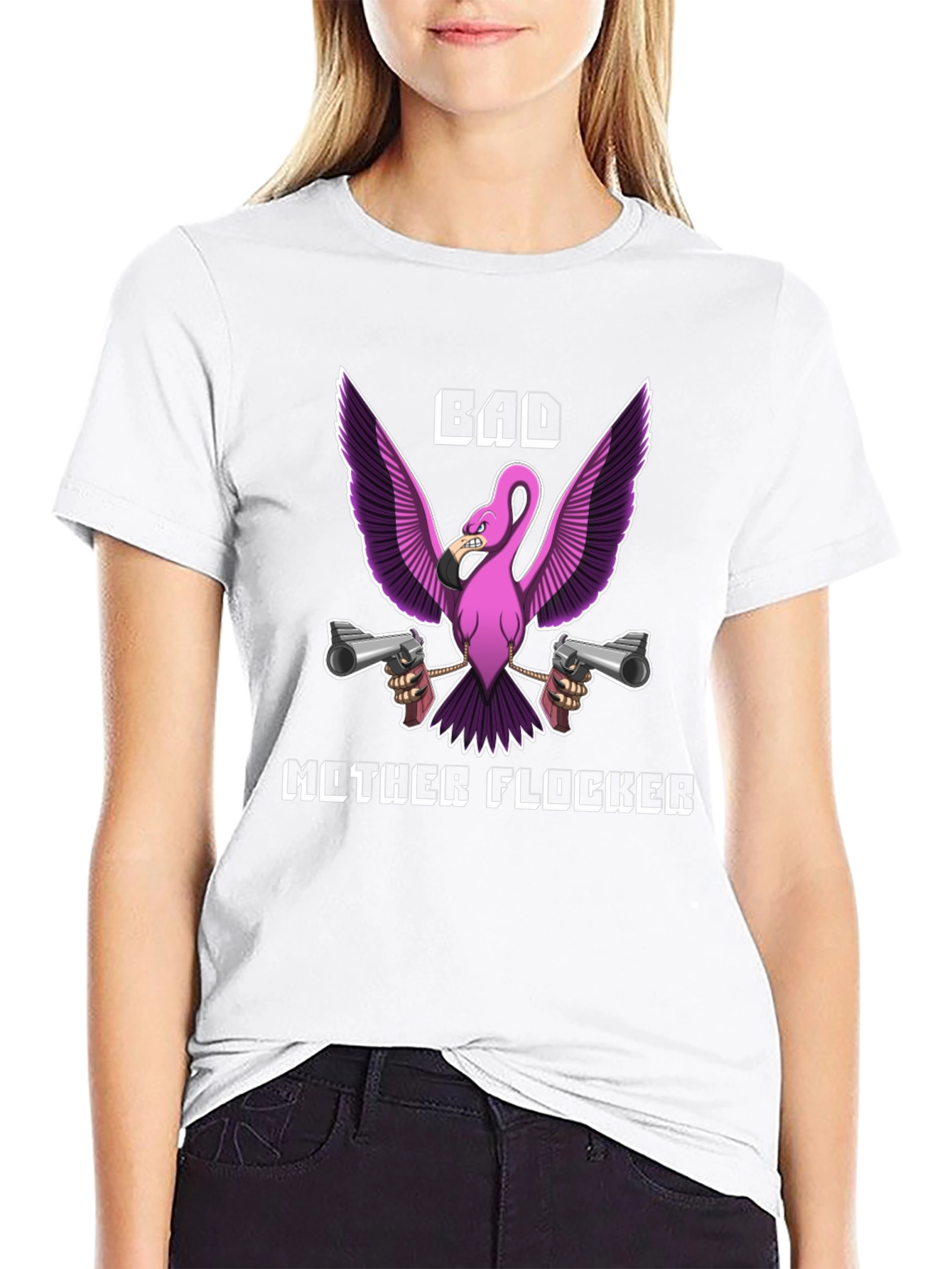 Black Bad Mother Flocker Graphic Tee - Funny Flamingo T-Shirt view 9
