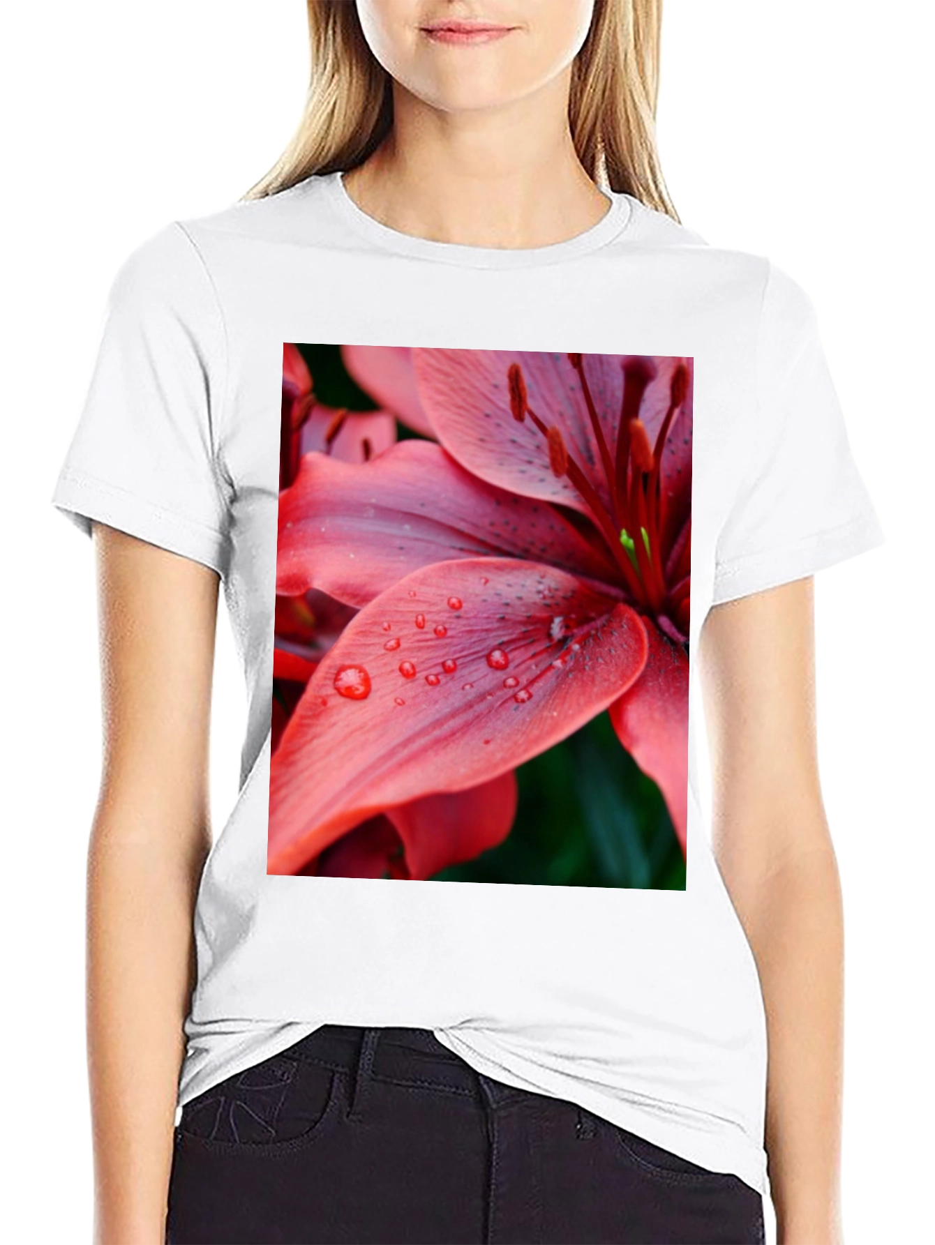 Black Floral Print T-Shirt - Red Lily Design view 9