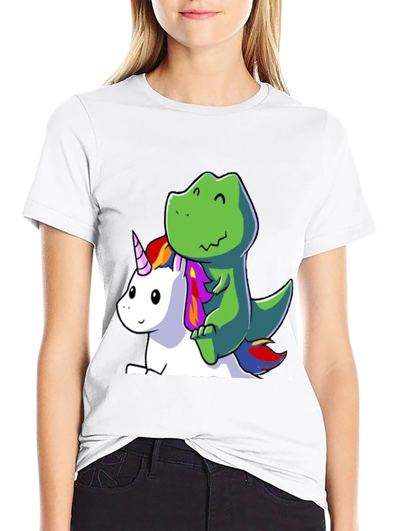 Black Dino Riding Unicorn T-Shirt - Cute Cartoon Design view 9