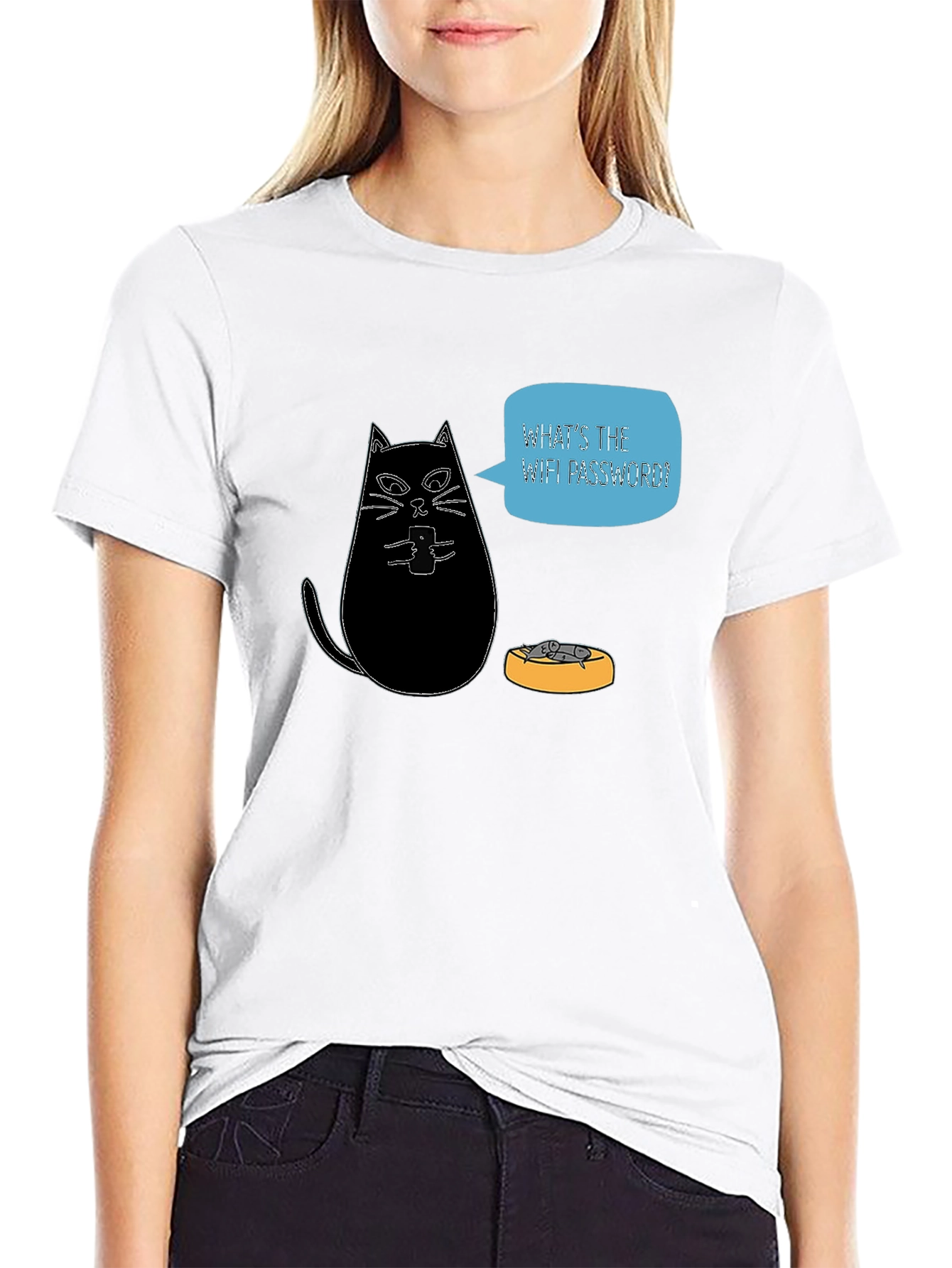 Black Funny Cat Wants WiFi Password Black T-Shirt view 9