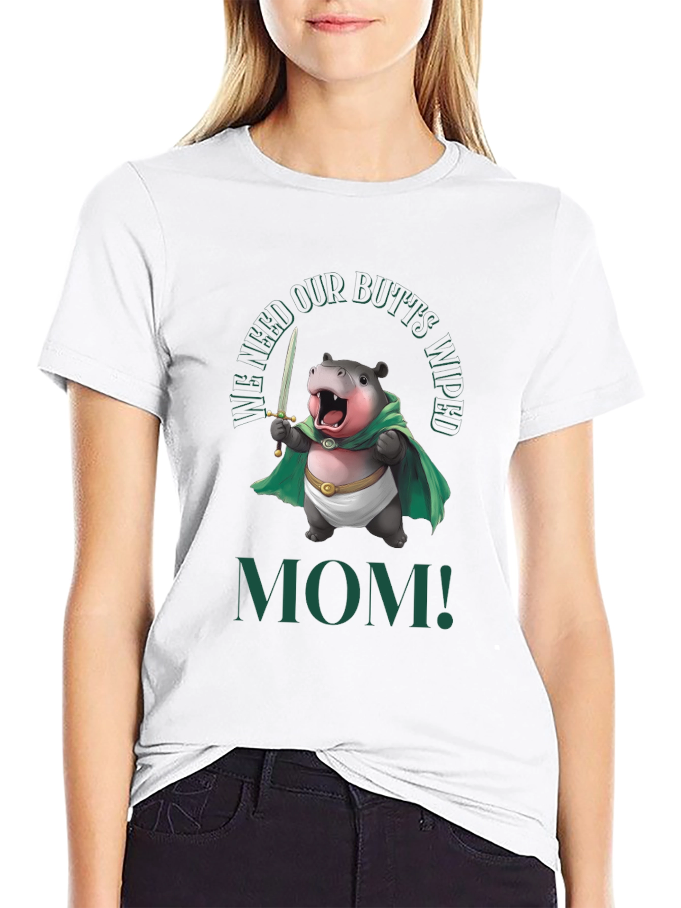 Black Funny Hippo "We Need Our Butts Wiped, Mom!" T-Shirt view 9