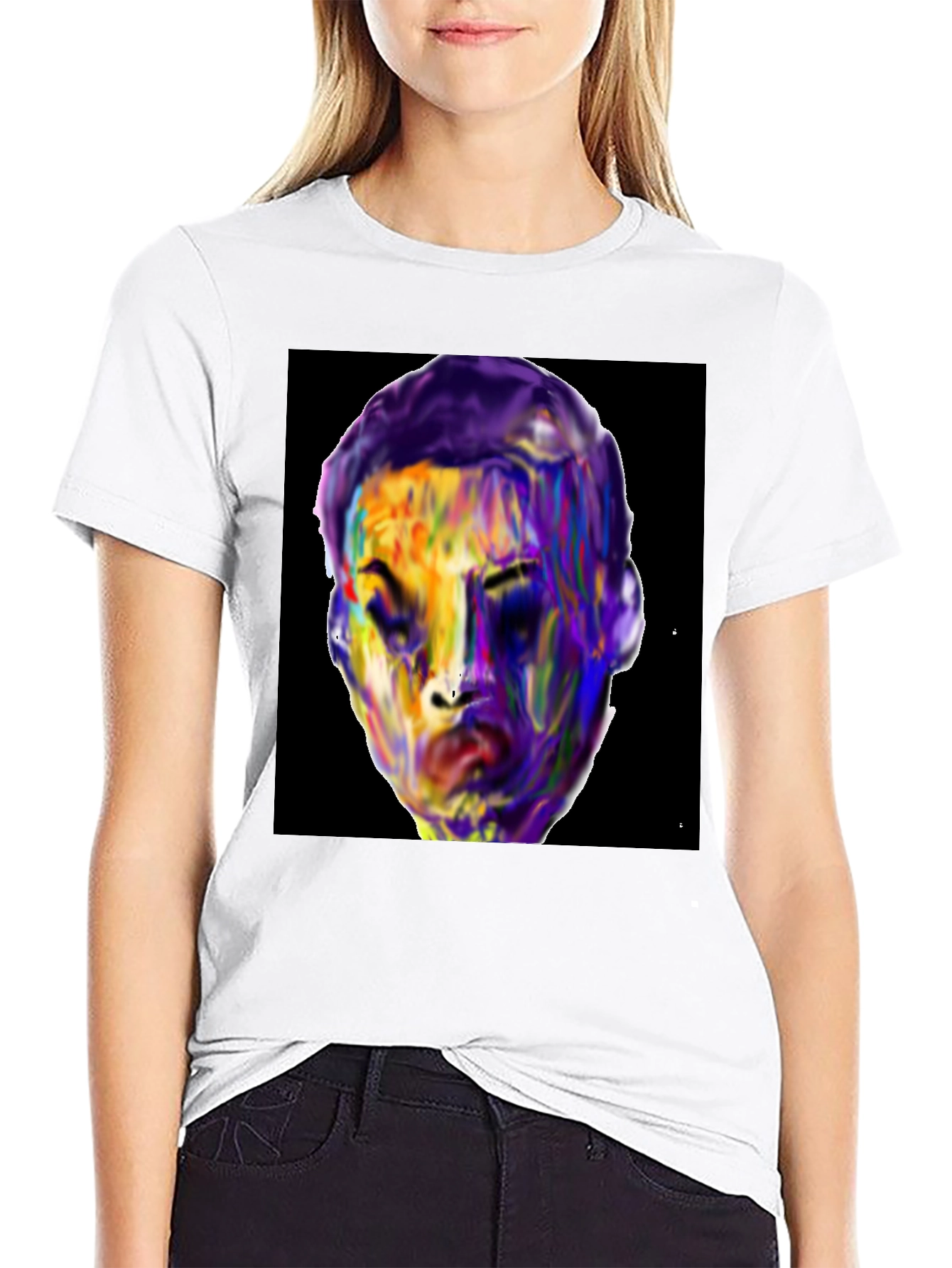 Black Vivid Face Graphic Tee - Black Cotton Blend view 9
