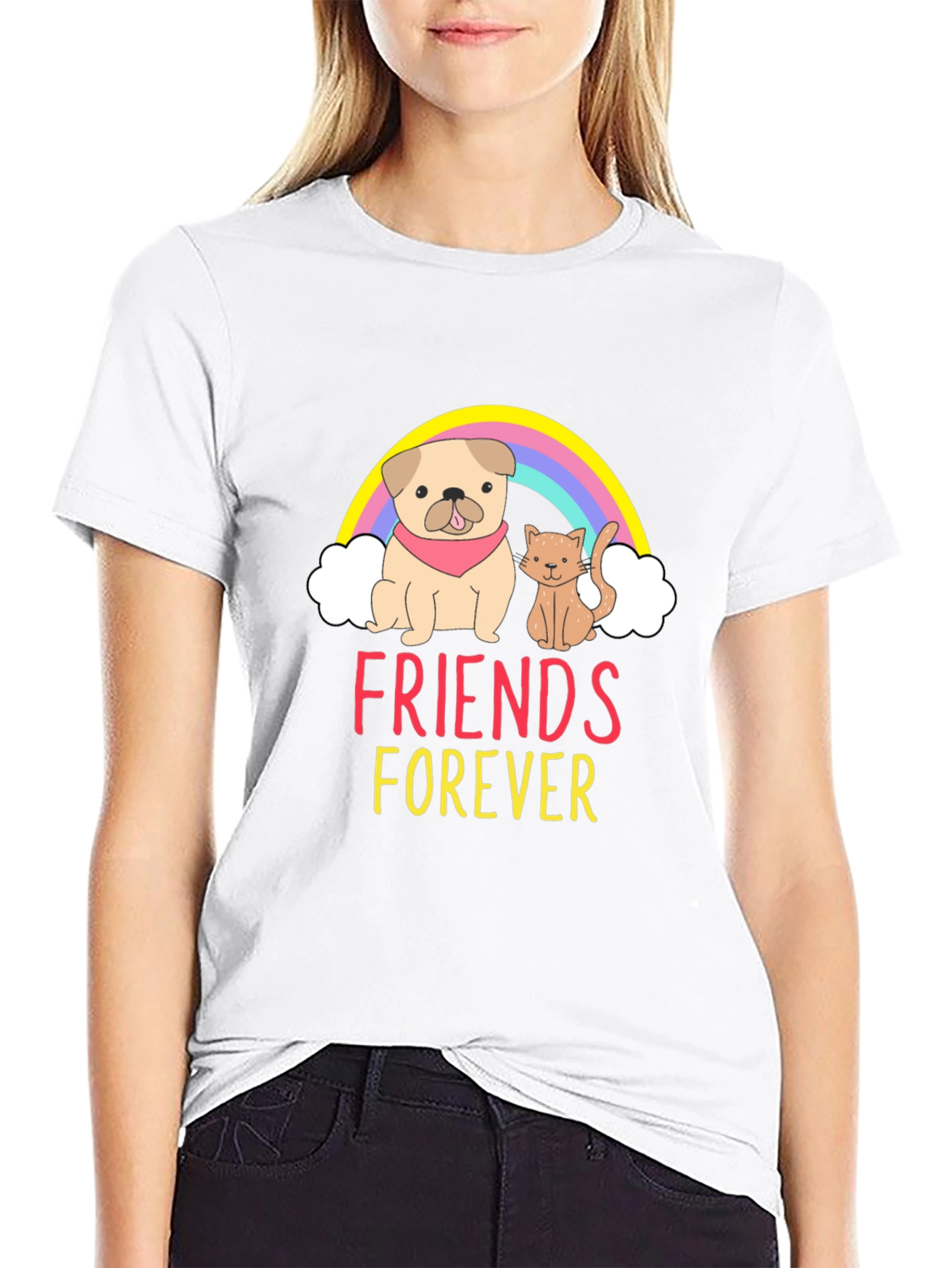 Black Friends Forever Graphic Tee - Cute Dog and Cat T-Shirt view 9