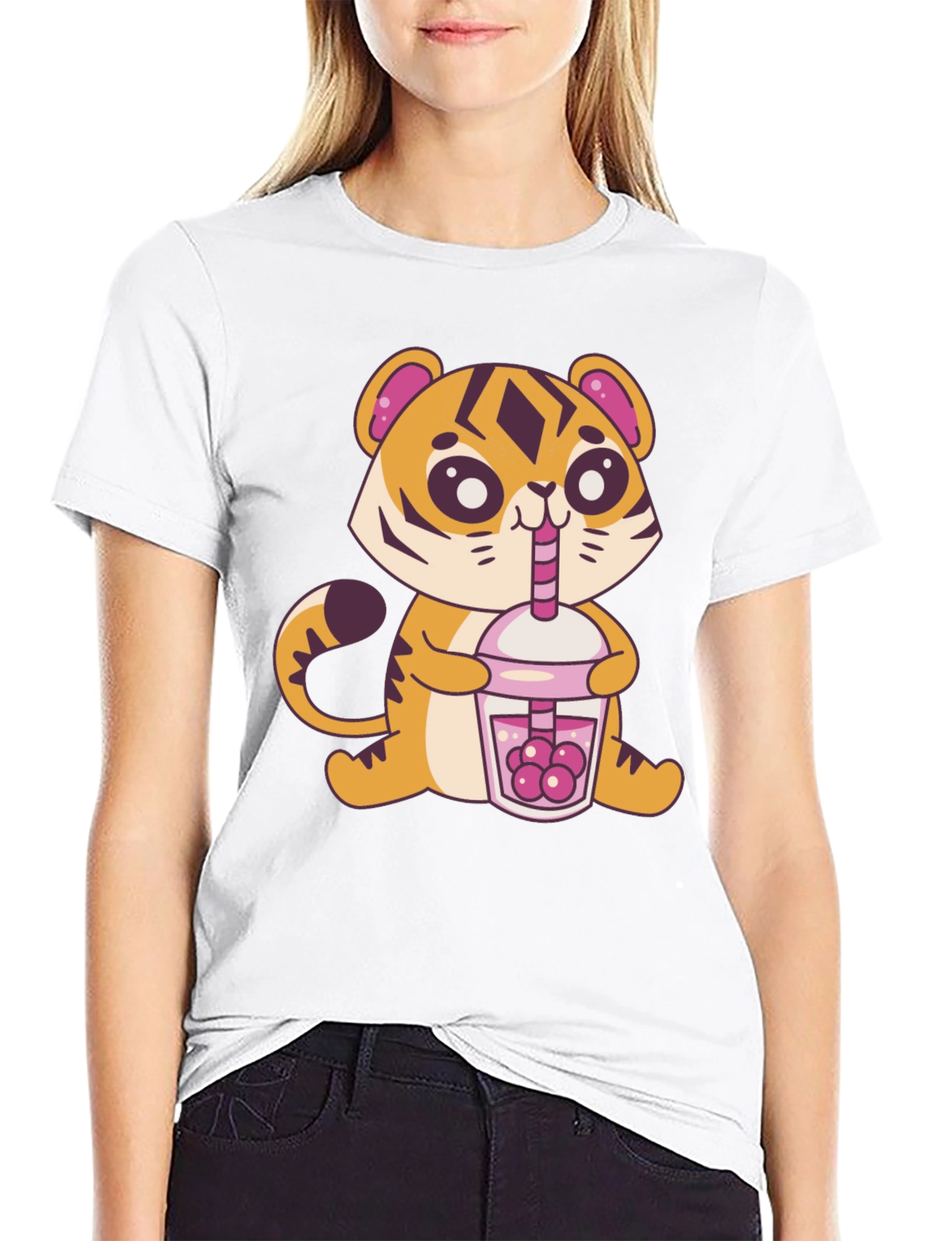 Black Cute Tiger Boba Tea Graphic Tee - Black view 9