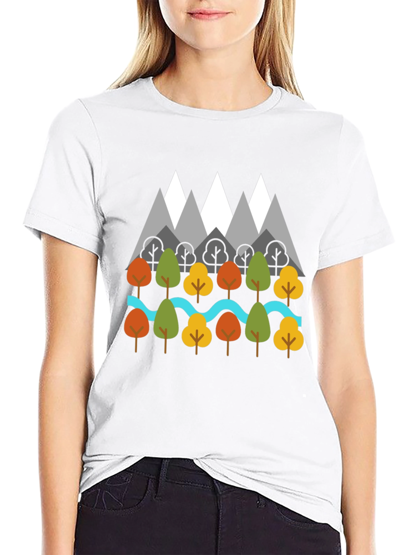 Black Nature Graphic T-Shirt - Mountains, Trees, River Design view 9