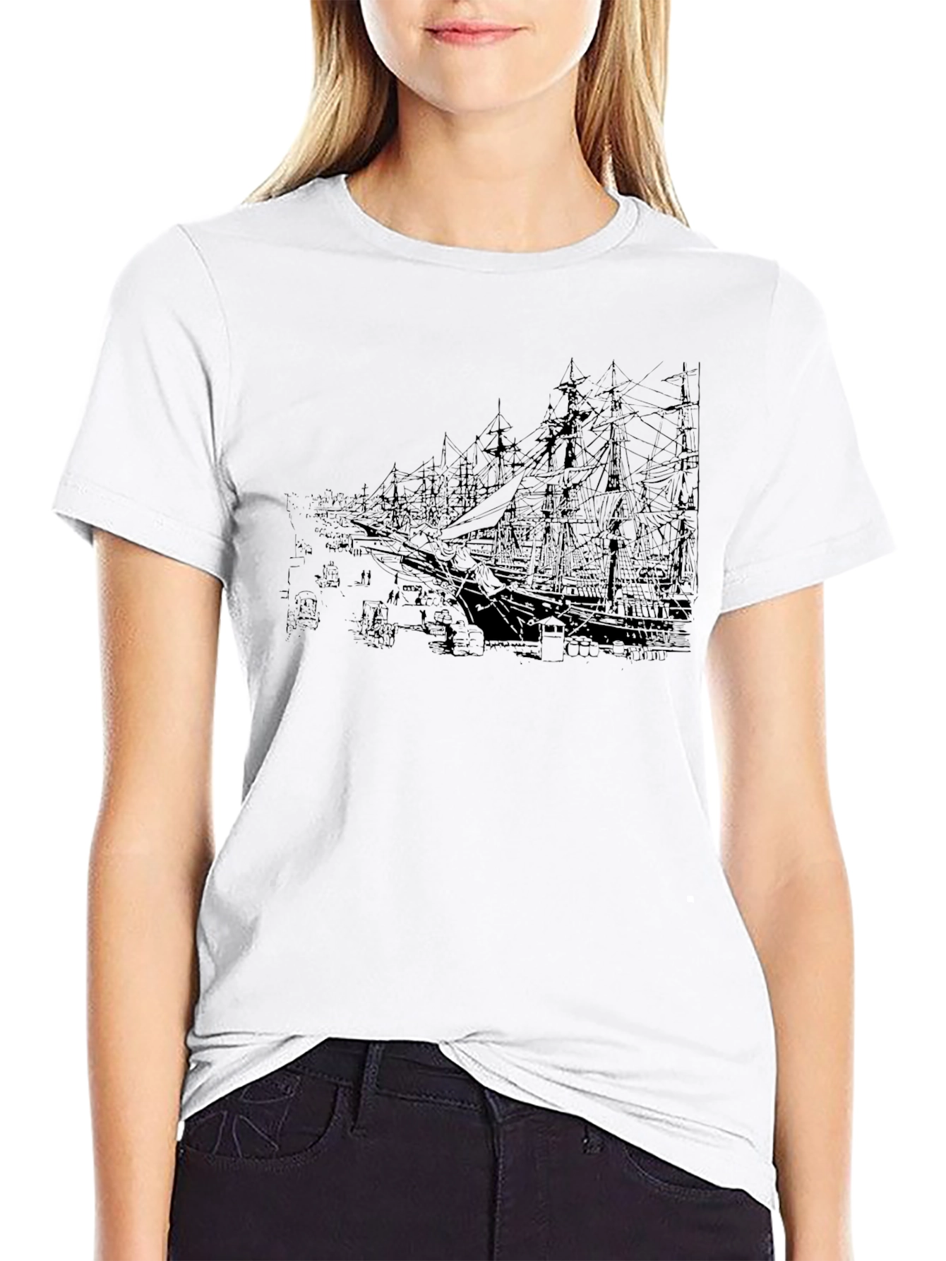 Black Vintage Ships Graphic Black T-Shirt view 9