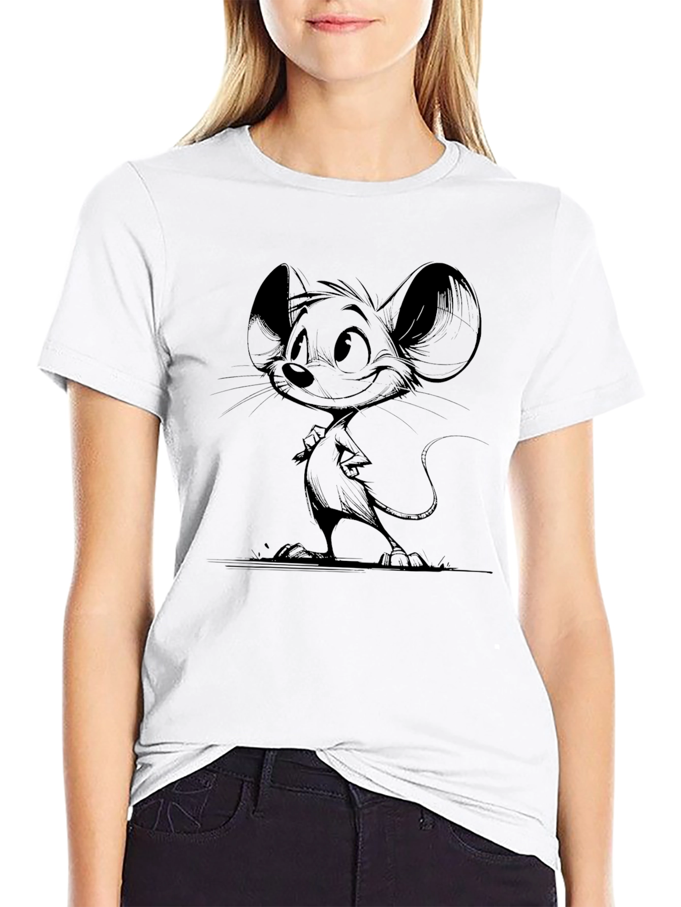 Black Cartoon Mouse Graphic Print Black T-Shirt view 9