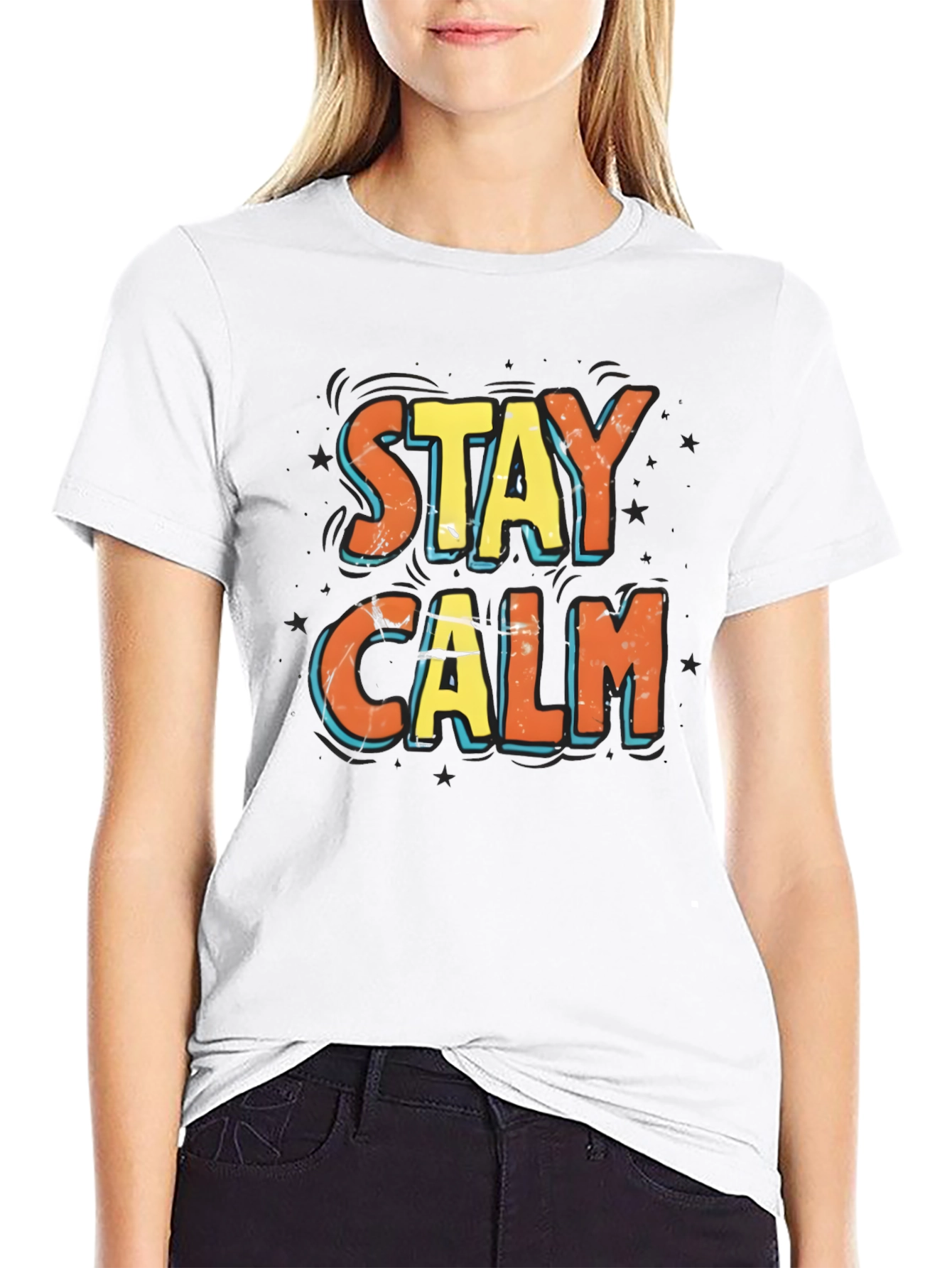 Black Stay Calm Graphic Print Black T-Shirt view 9