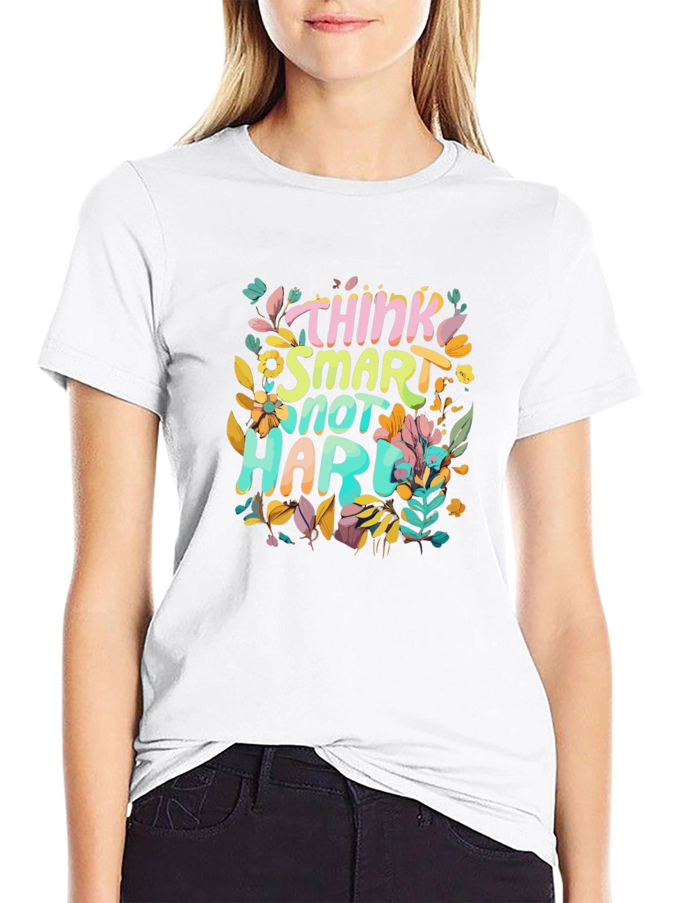 Black Think Smart T-Shirt - Unique Floral Design view 9
