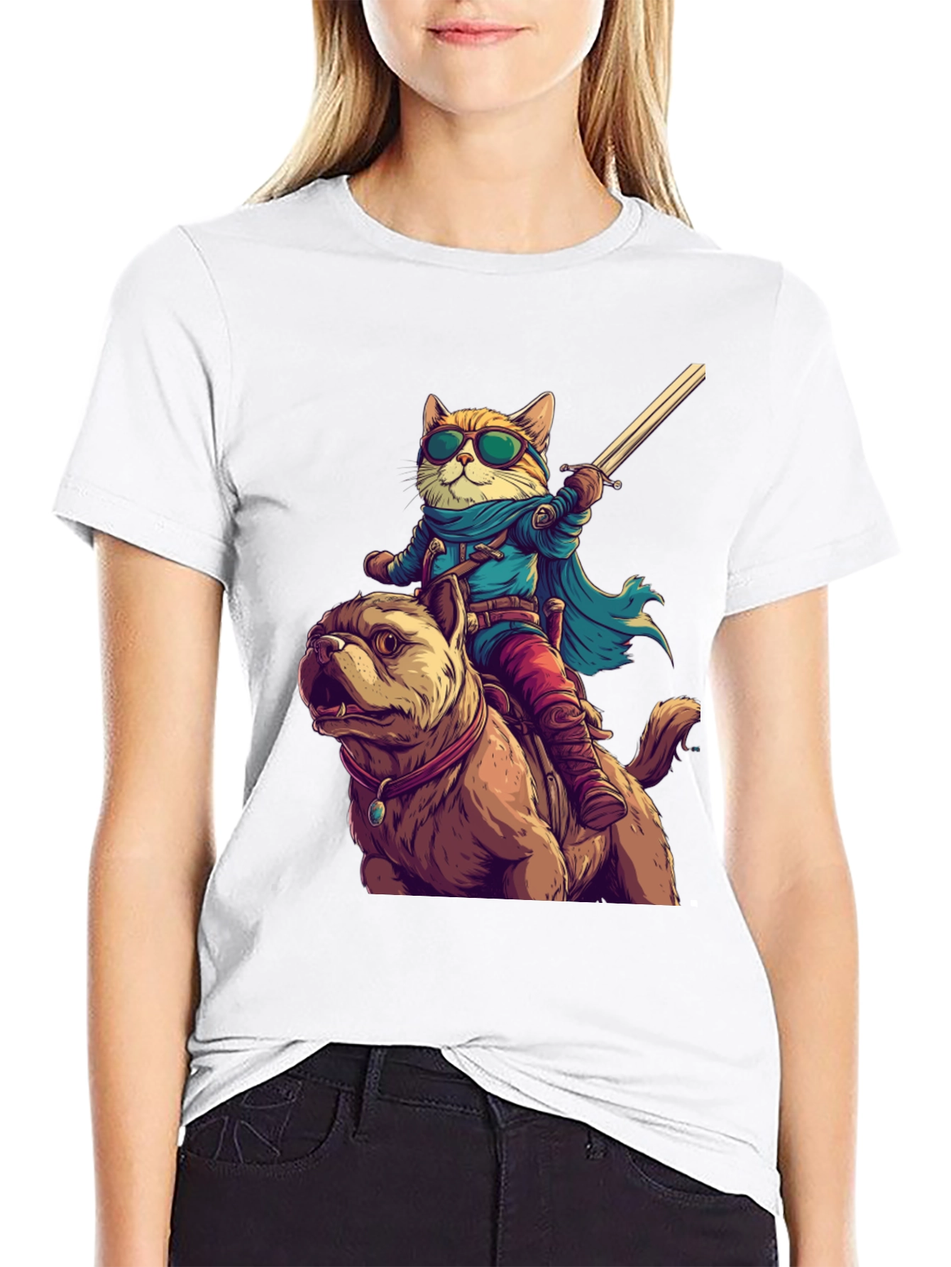 Black Cat Riding Dog T-Shirt - Novelty Cartoon Tee view 9