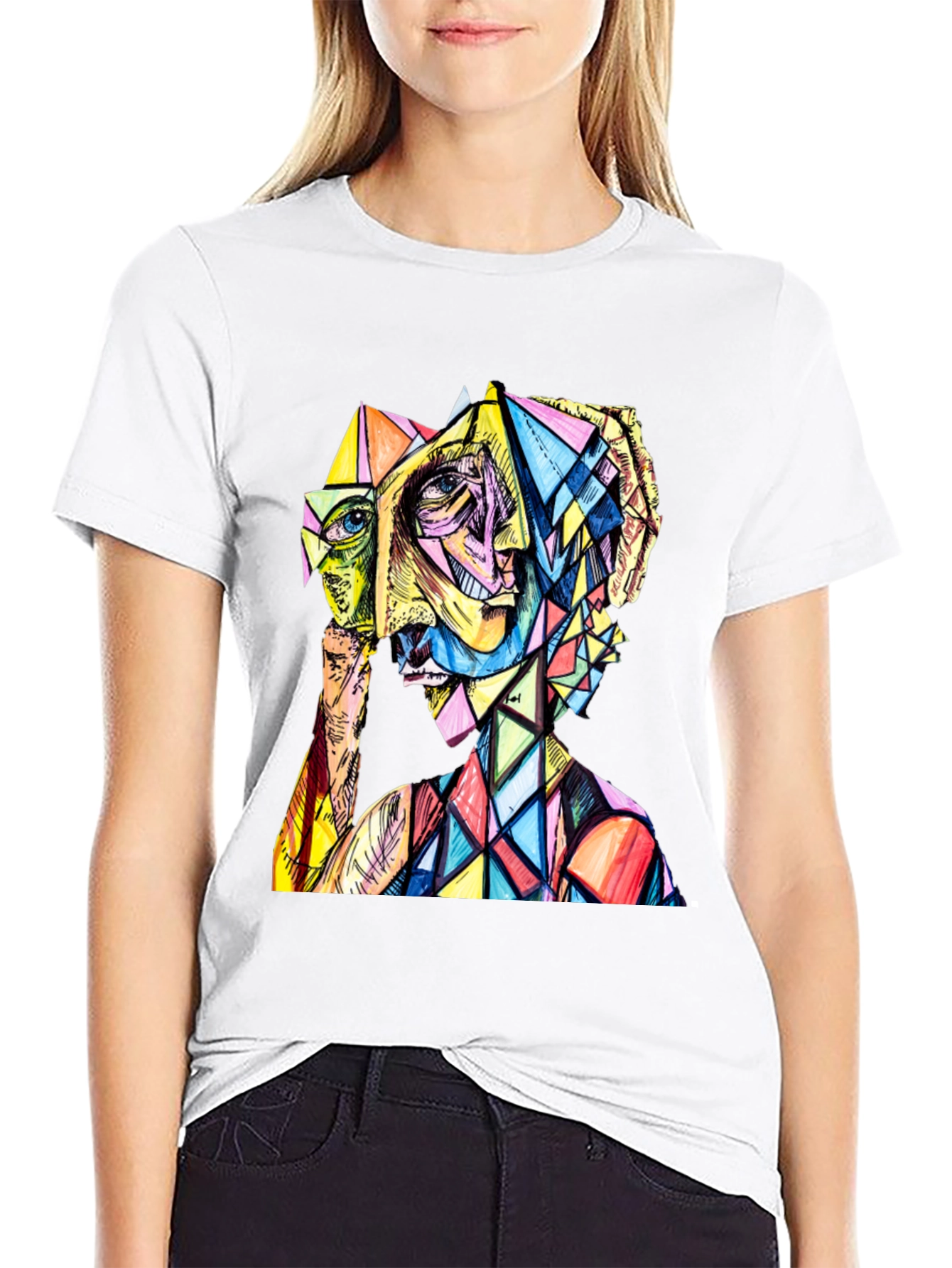 Black Abstract Geometric Face Graphic Tee view 9