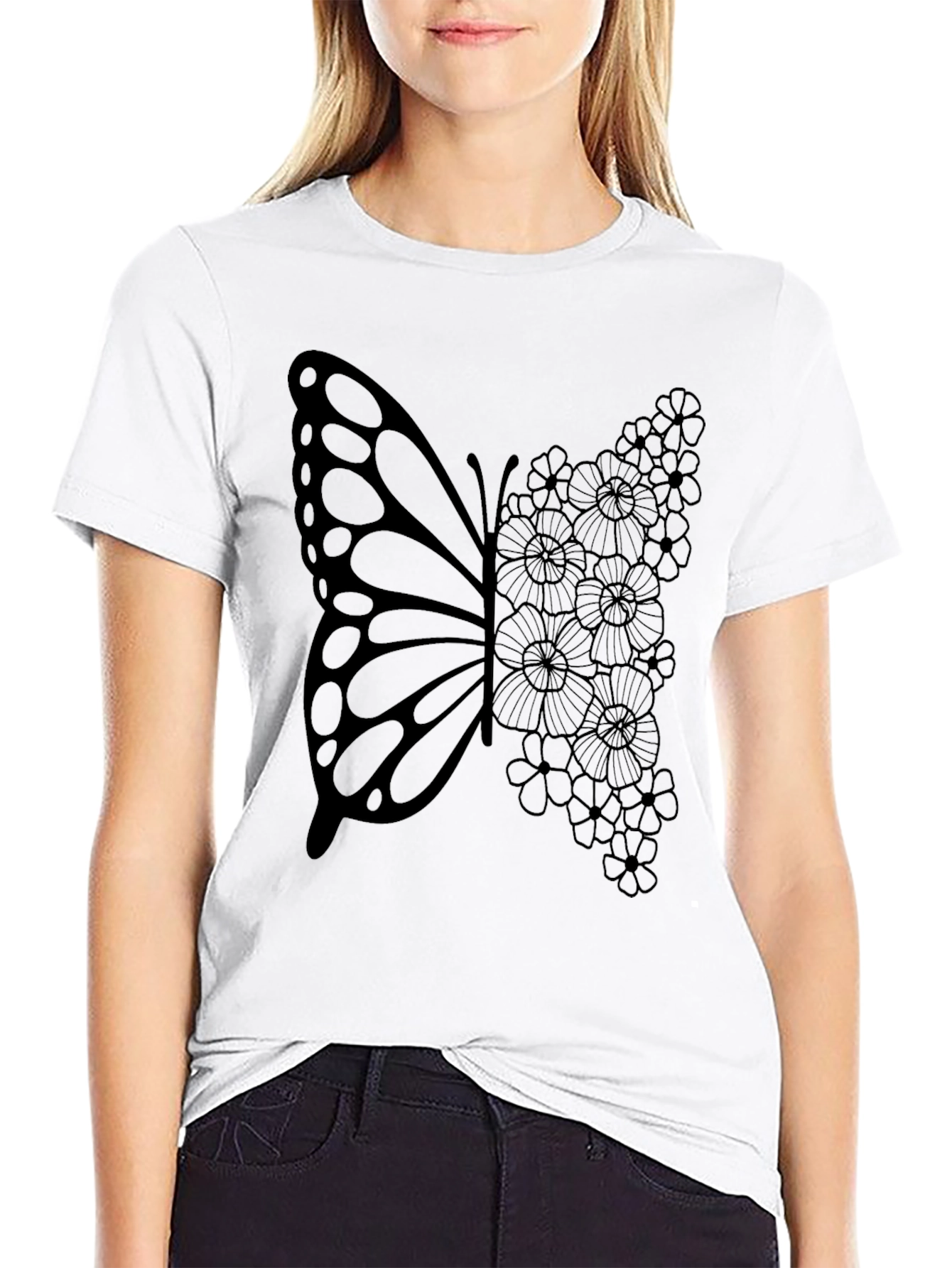 Black Butterfly Floral Graphic Tee - Black Cotton T-Shirt view 9