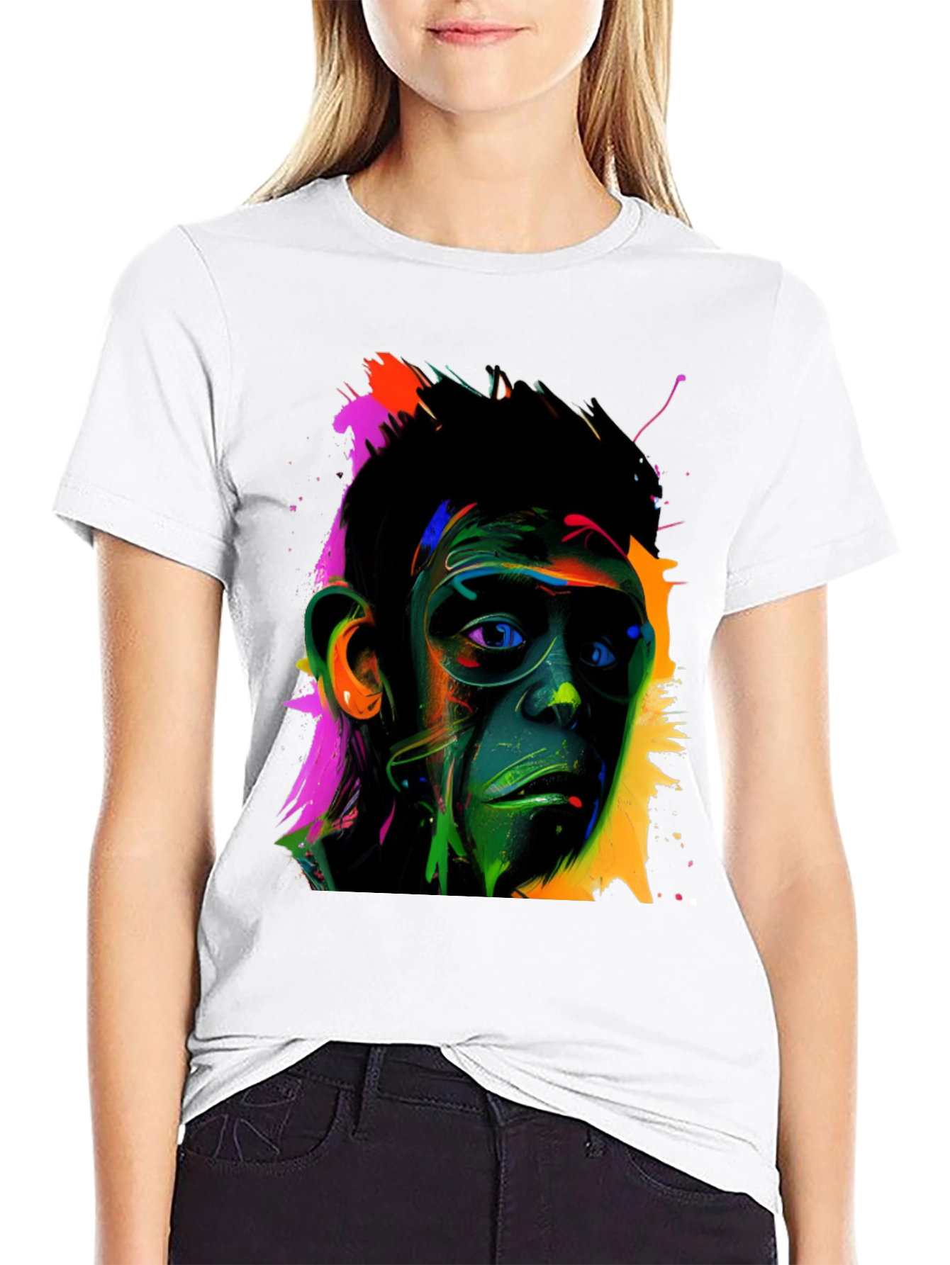Black Colorful Monkey Face Graphic T-Shirt view 9