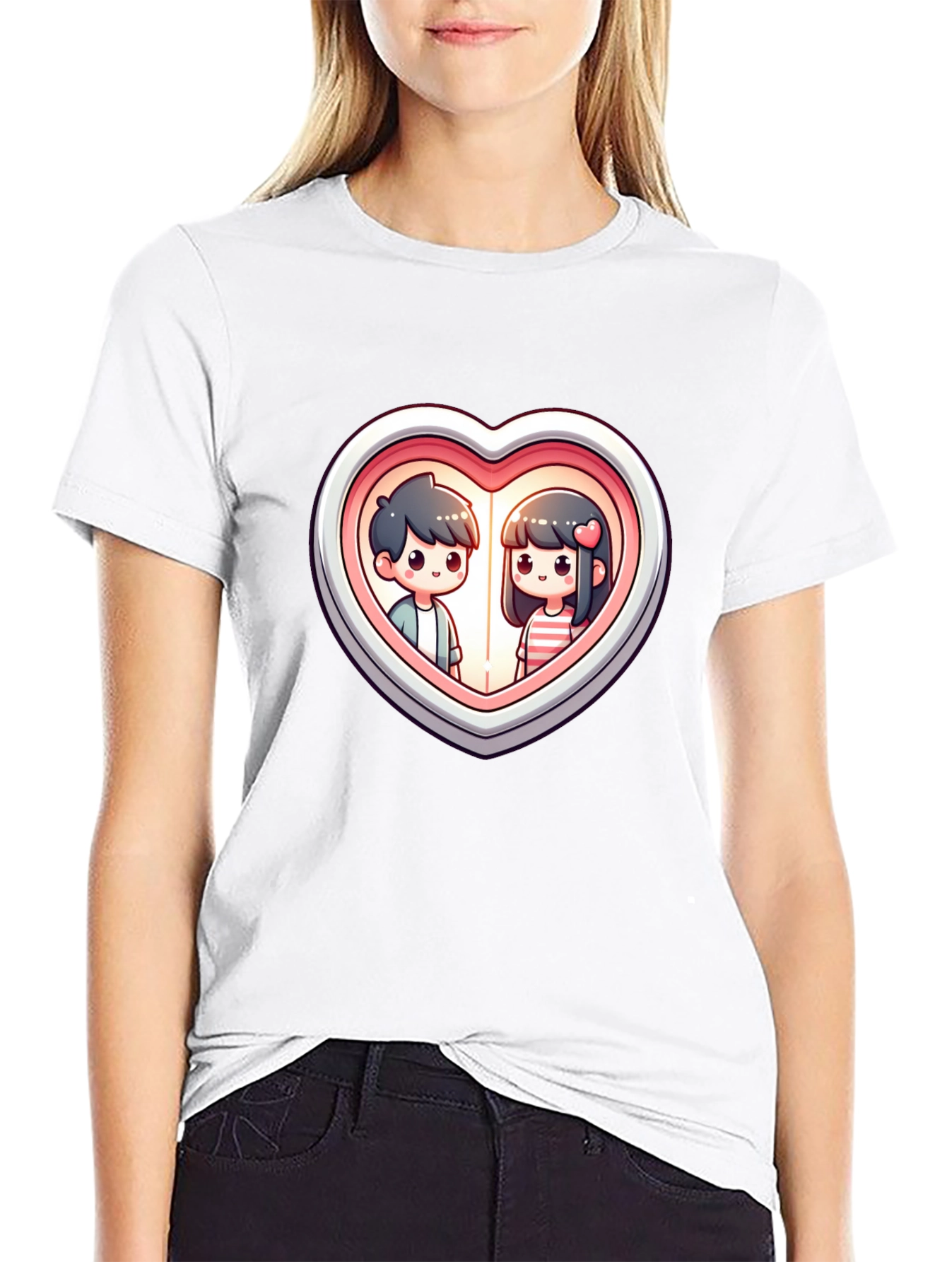 Black Cute Couple Heart Graphic Tee - Black Cotton T-Shirt view 9