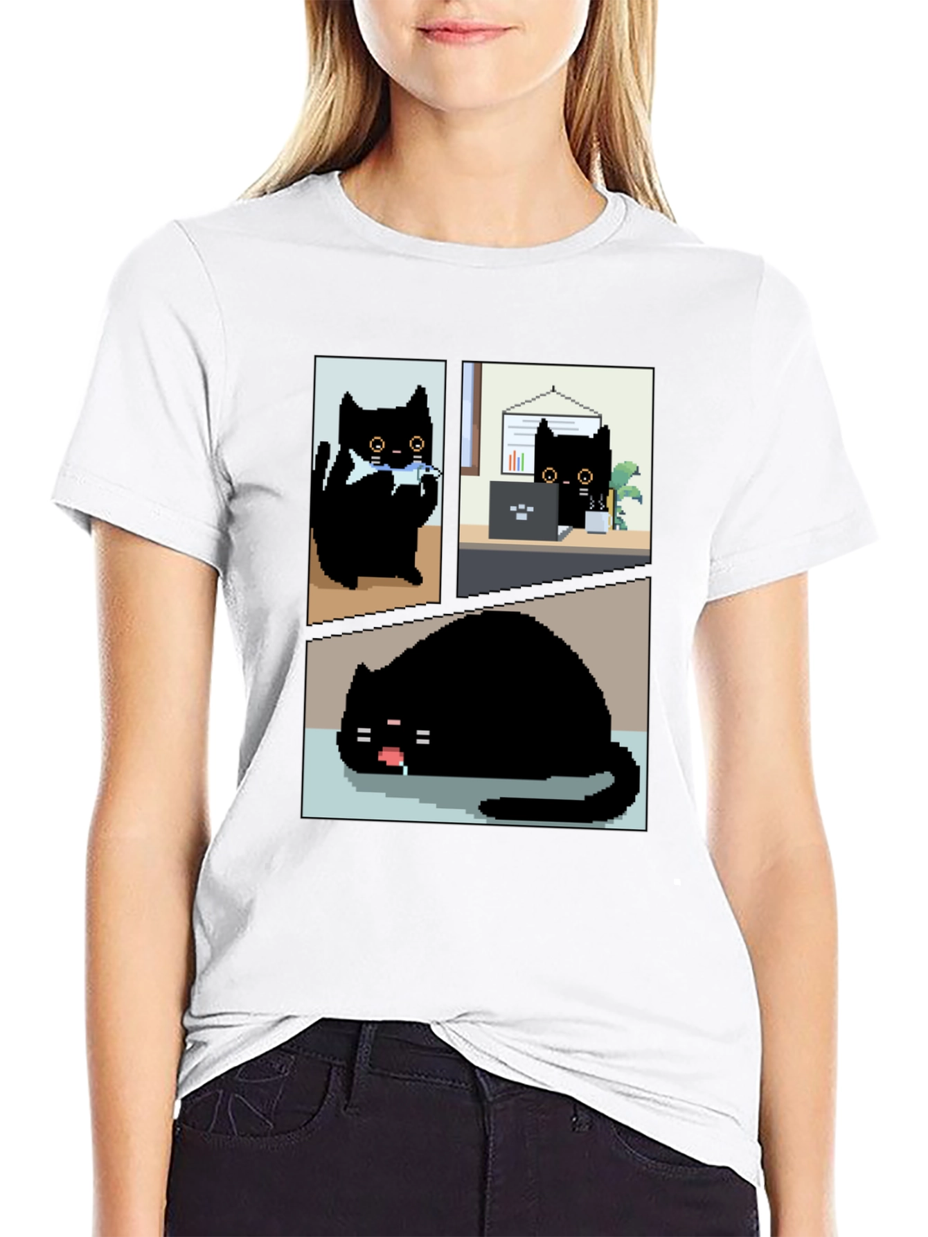 Black Pixel Black Cat T-Shirt - Cute & Funny view 9