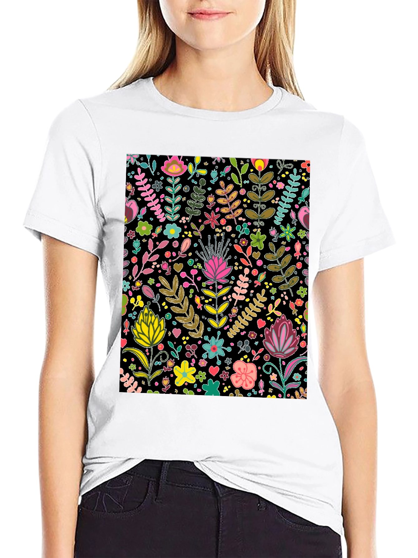 Black Floral Patterned Black T-Shirt view 9
